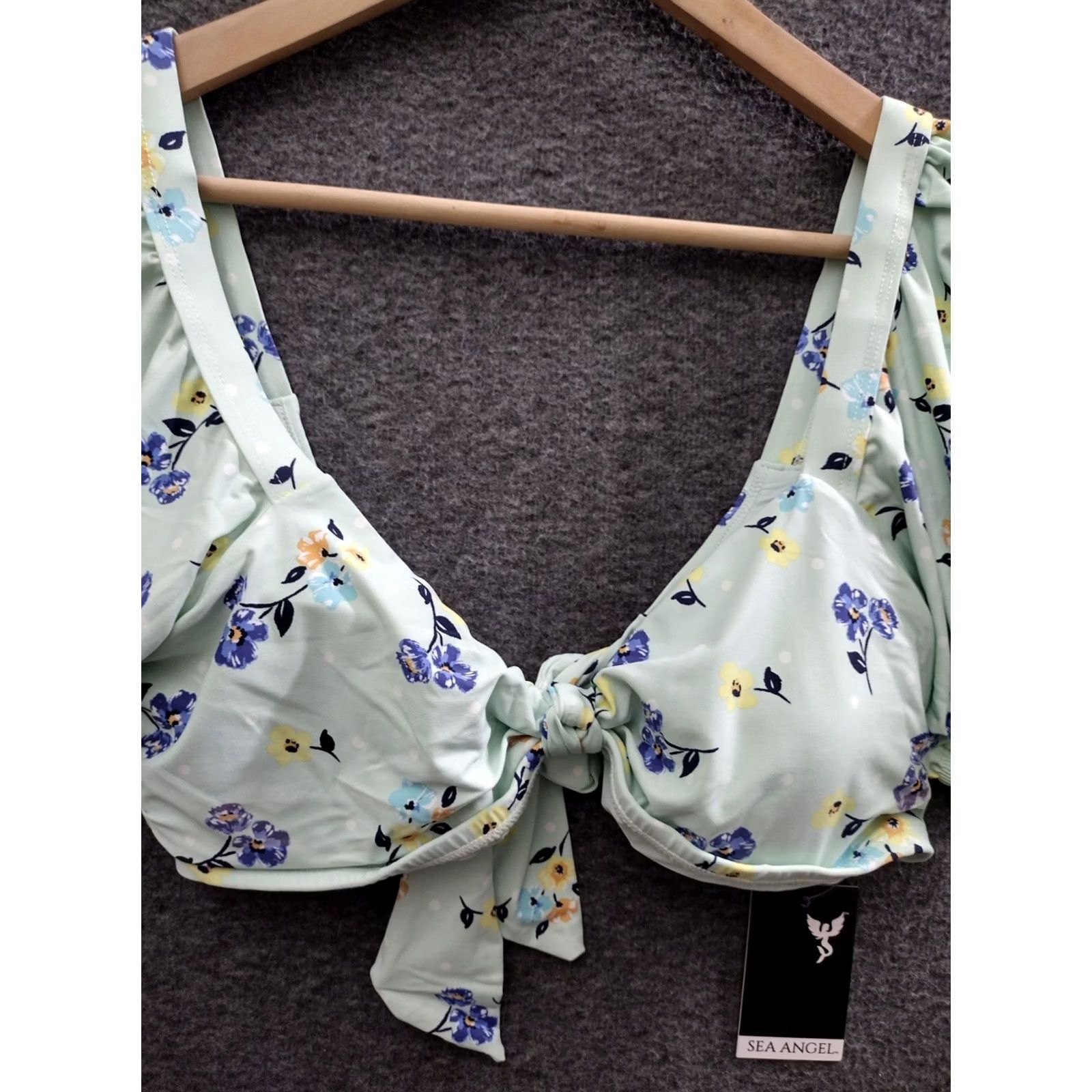 Vintage Sea Angel Flower Print Puffed Sleeve Bikini Top Women L Floral Print Beach Pattern Tie-Front Removable Pads Size L / US 10 / IT 46 - 3 Thumbnail