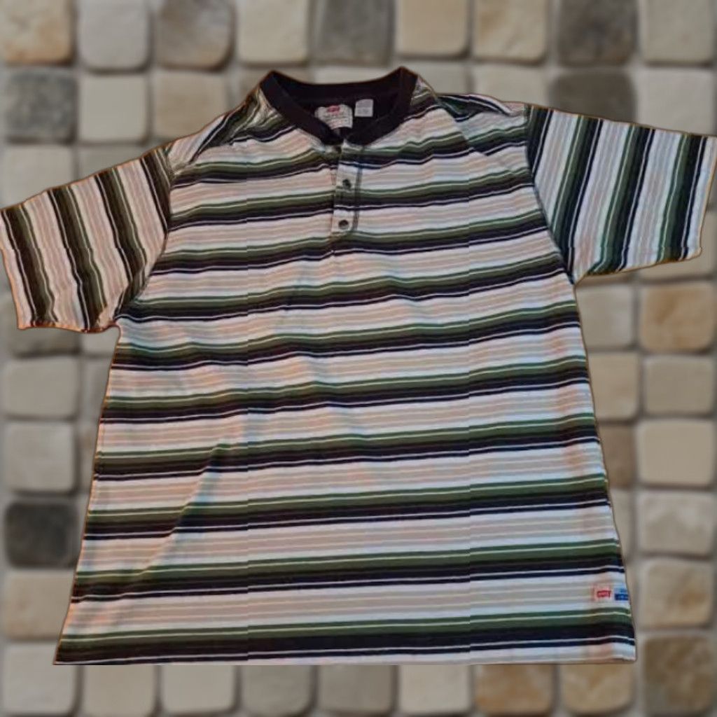 Levi's VINTAGE Levi's Shirt USA Cotton Striped Button-Up XL Unisex Adults Short Sleeve Green Black Tan 27in 23in pit to pit X-Large Size US XL / EU 56 / 4 - 1 Thumbnail