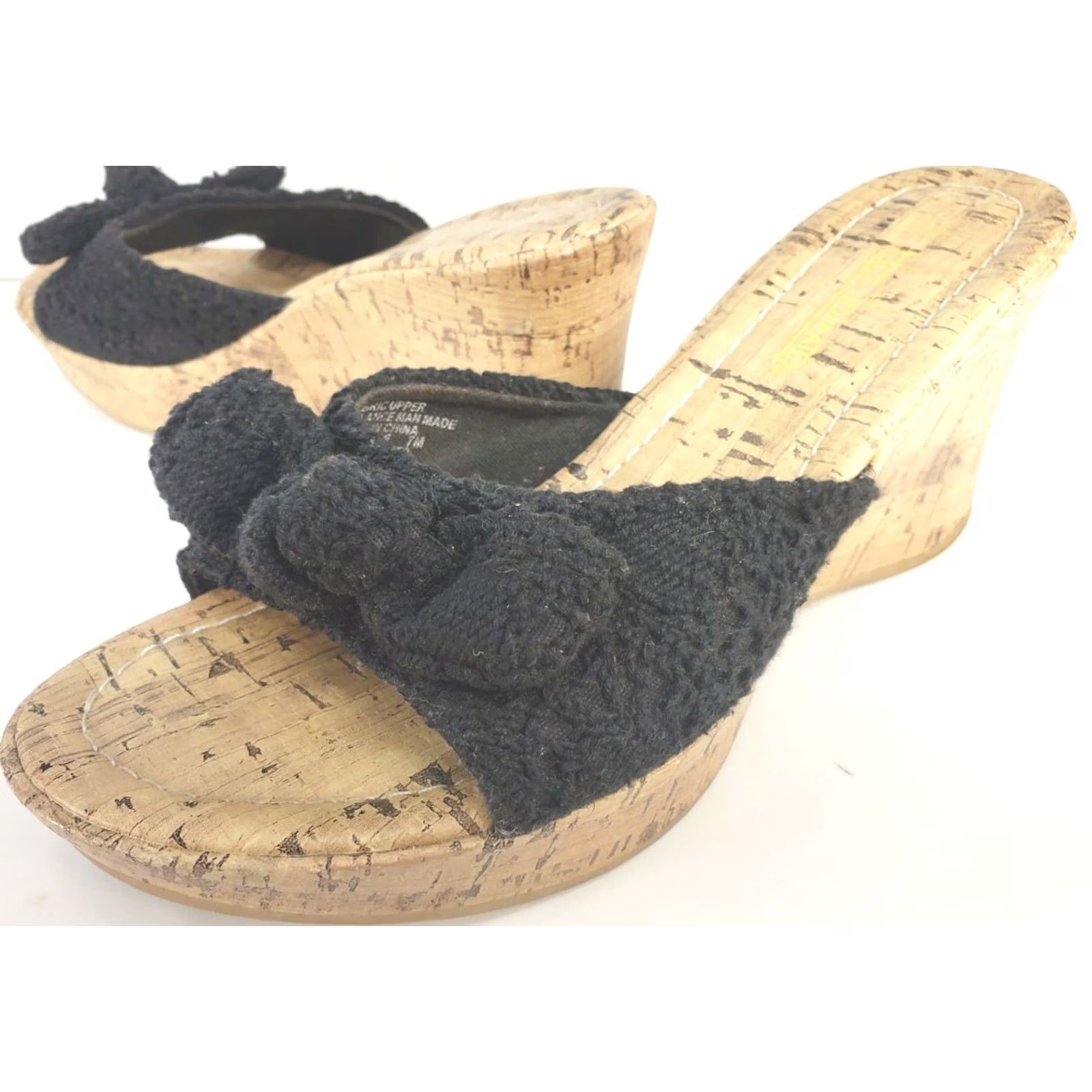 Vintage Hot Tomato Penelope Women's 7M Black Cork Wedge Slide Sandal 3" Heel Crochet Size US 7 / IT 37 - 2 Thumbnail