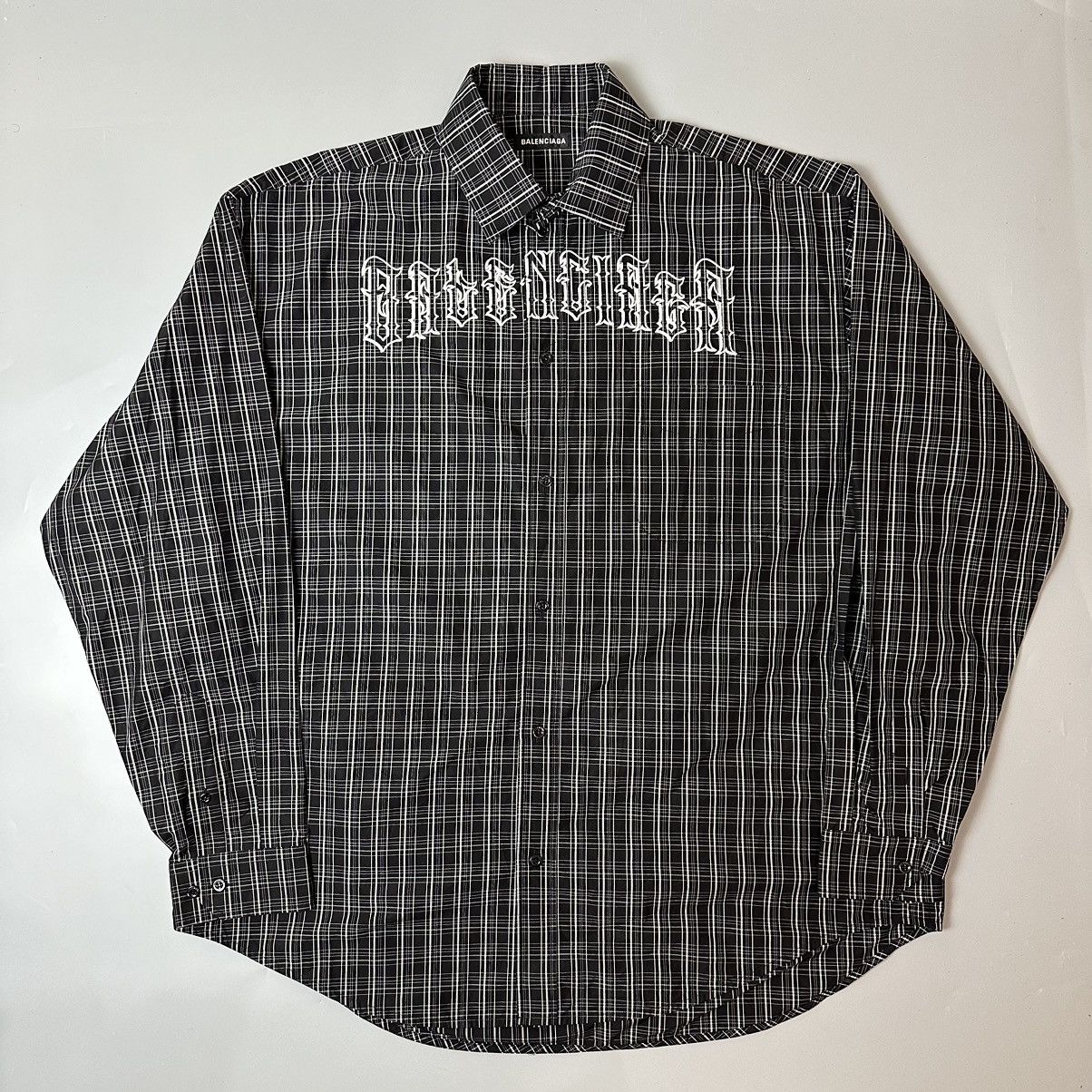 Image of Ss19 Balenciaga Tattoo Logo Checkered Oversized Shirt in Black Plaid, Men's (Size XL)