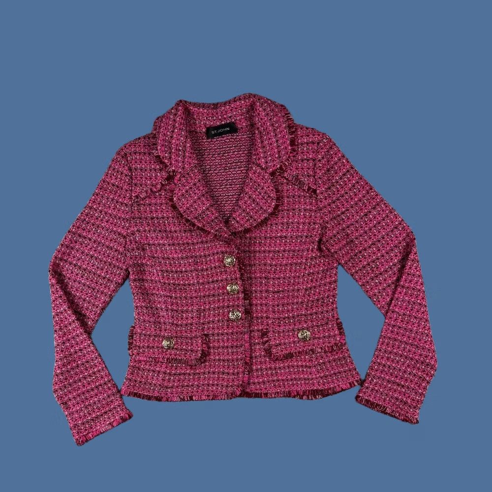 St. John St. John Collection Blazer Jacket Sz S Pink Bouclé Knit Fringe Trim Gold Buttons Women Size S / US 4 / IT 40 - 1 Thumbnail