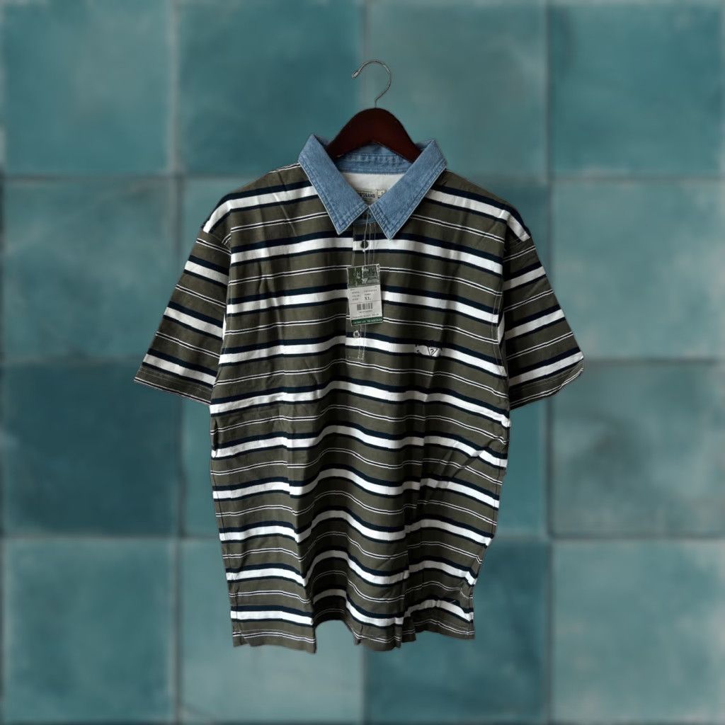 VINTAGE GUESS POLO Shirt Mens XL Deadstock NWT 90s NOS Striped Olive Green Navy Blue White Embroidered Chest Logo Denim Collar Short Sleeve