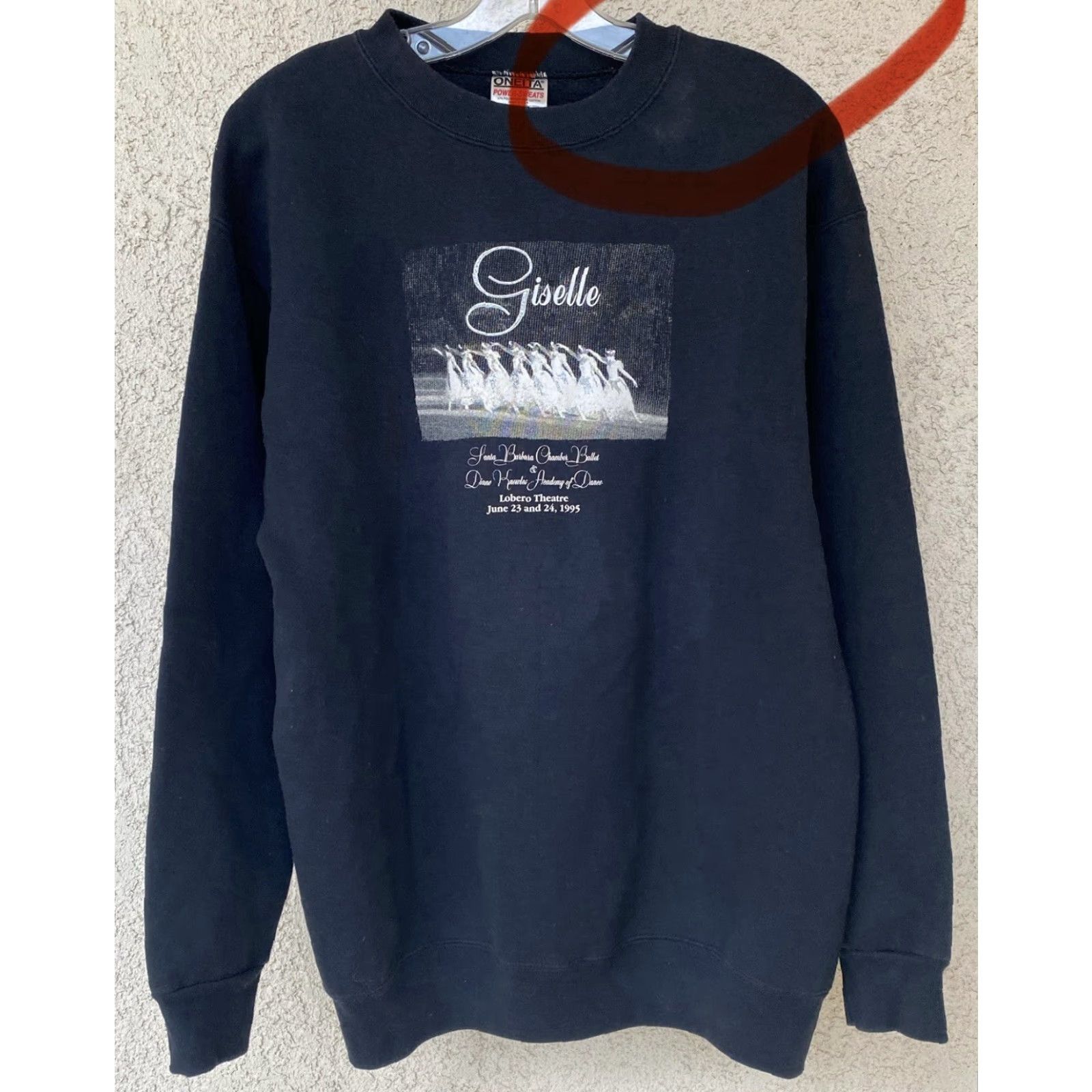 Vintage VINTAGE Oneita Giselle Hoodie Shirt Adults L Black Graphic Print Lobero Theatre 1995 USA Size US L / EU 52-54 / 3 - 4 Thumbnail