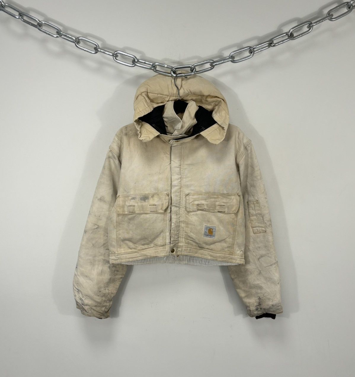 Carhartt Vintage 90s Carhartt USA Beige Work Hooded Cropped Jacket Size US M / EU 48-50 / 2 - 1 Thumbnail