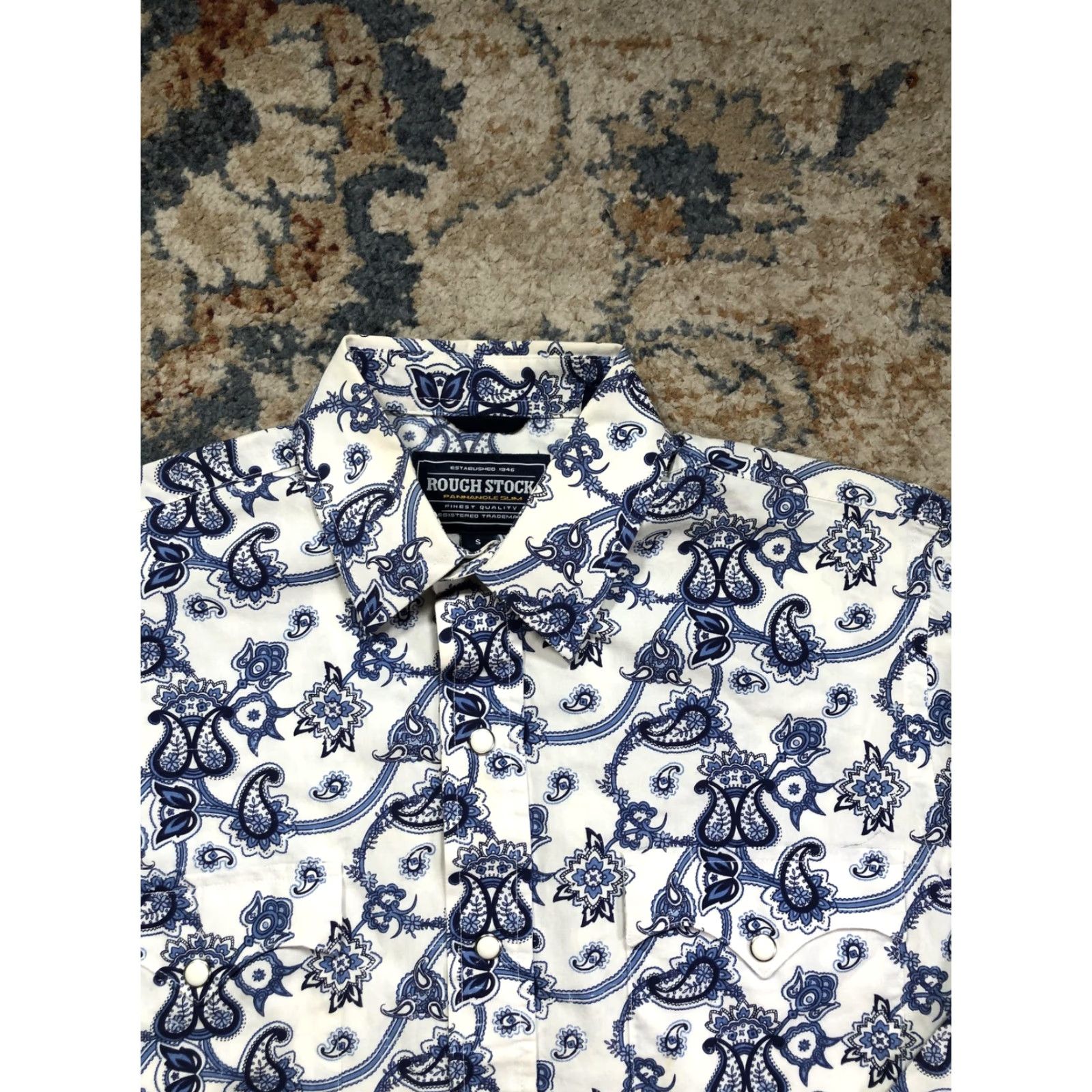Vintage Rough Stock Shirt Mens Small Blue Paisley Western Pearl Snap Cowboy Long Sleeve Size US S / EU 44-46 / 1 - 2 Thumbnail