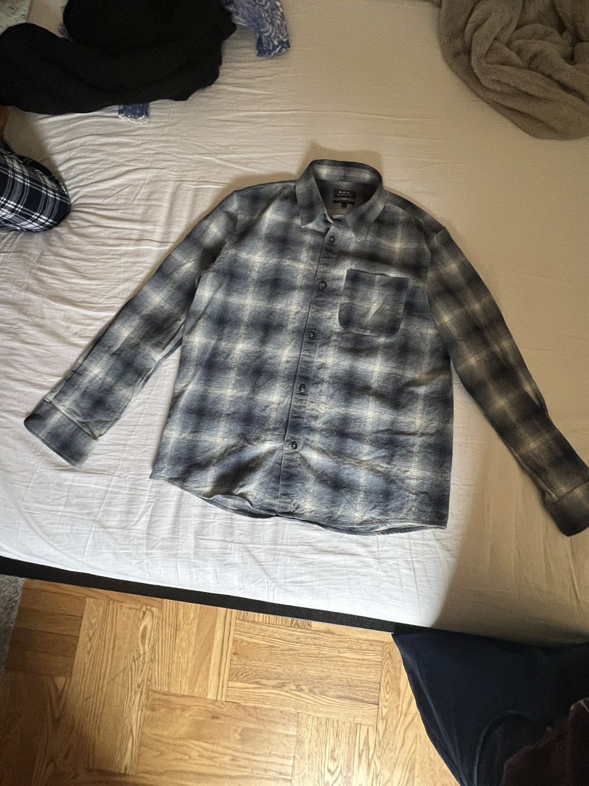 image of A P C Flannel Button Up in Blue, Men's (Size XL)
