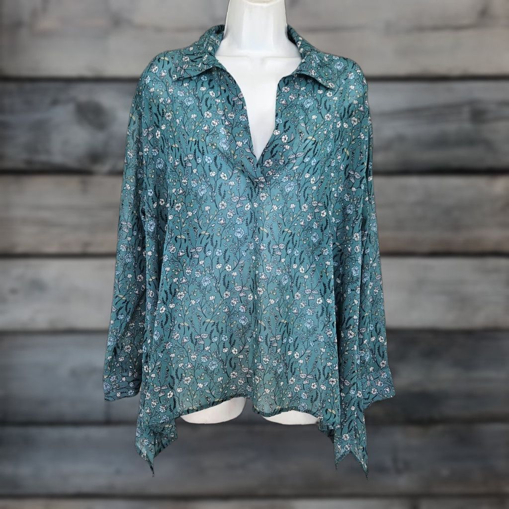 Vintage Cabi 3761 Womens Chase Blouse Blue Floral Long Sleeve Semi Sheer S Womens Blouse Size S / US 4 / IT 40 - 1 Thumbnail