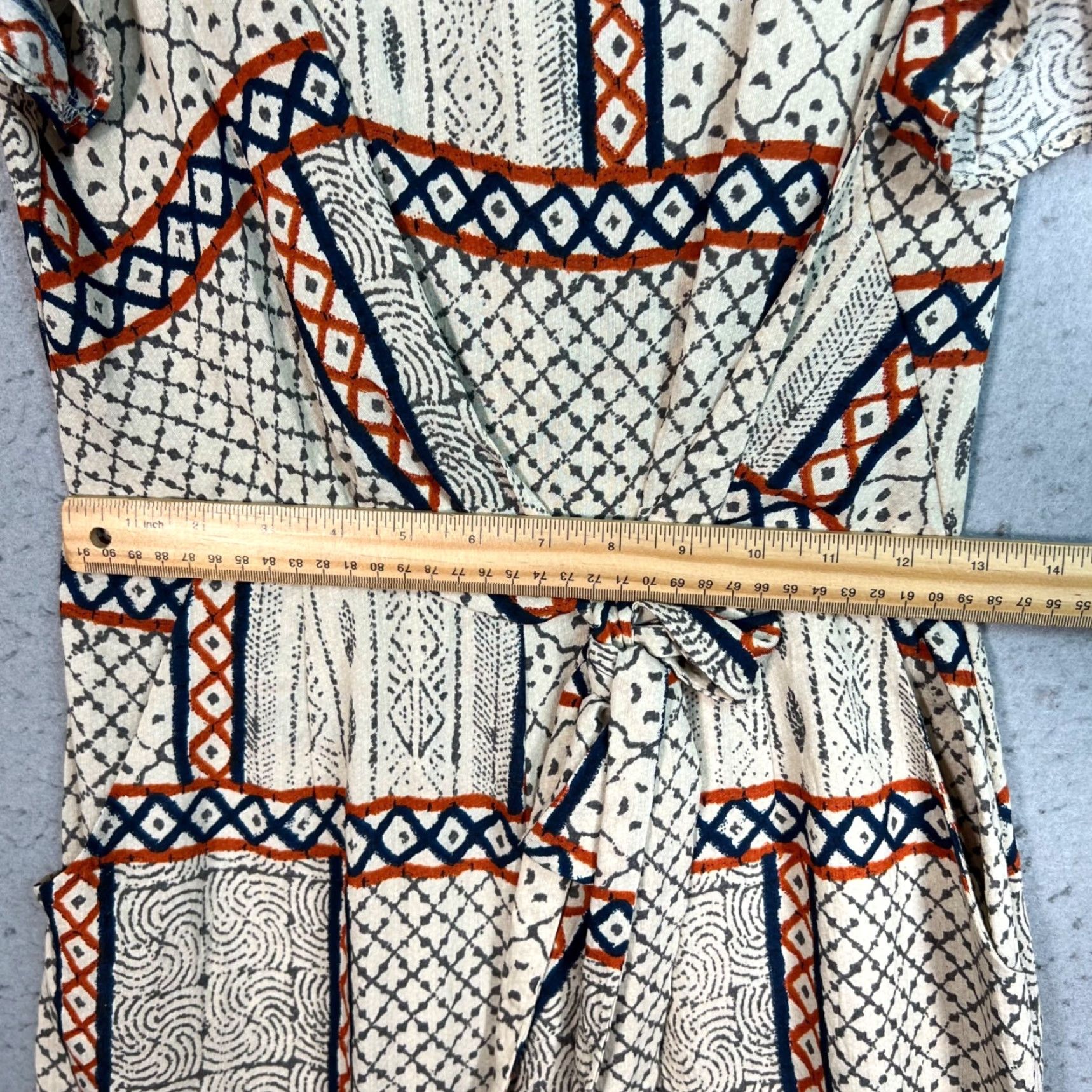 Anthropologie VINTAGE Eva Franco Jumpsuit Womens Patchwork Print W/ Flutter Sleeves Size 0 Beige Nylon Rayon Wide-Leg Adult Womens 0 Size 25" / US 0 / IT 36 - 7 Thumbnail
