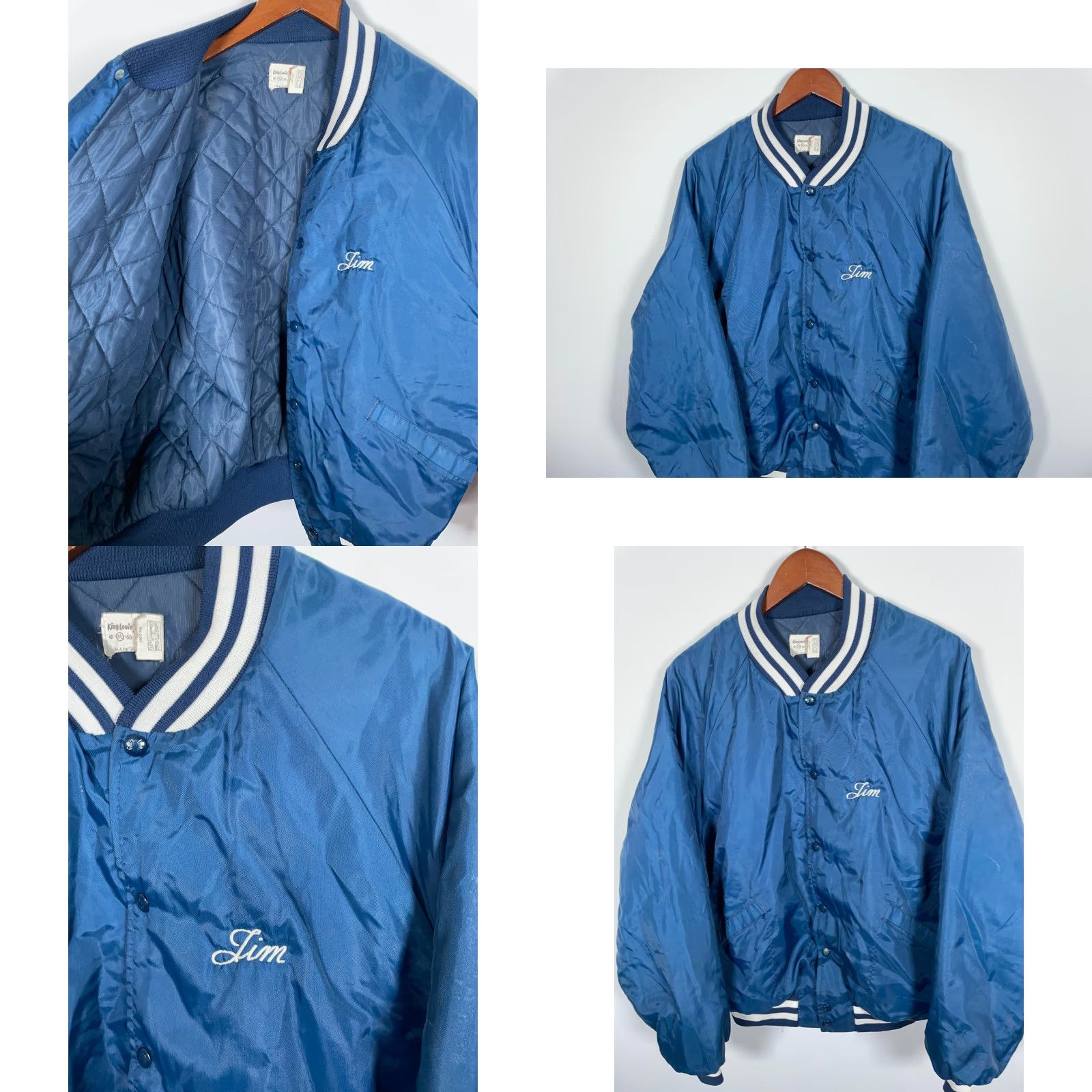 Vintage 80s King Louie Satin Bomber Jacket Adult XL Dark Blue Chainstitch Name Jim Size US XL / EU 56 / 4 - 8 Thumbnail