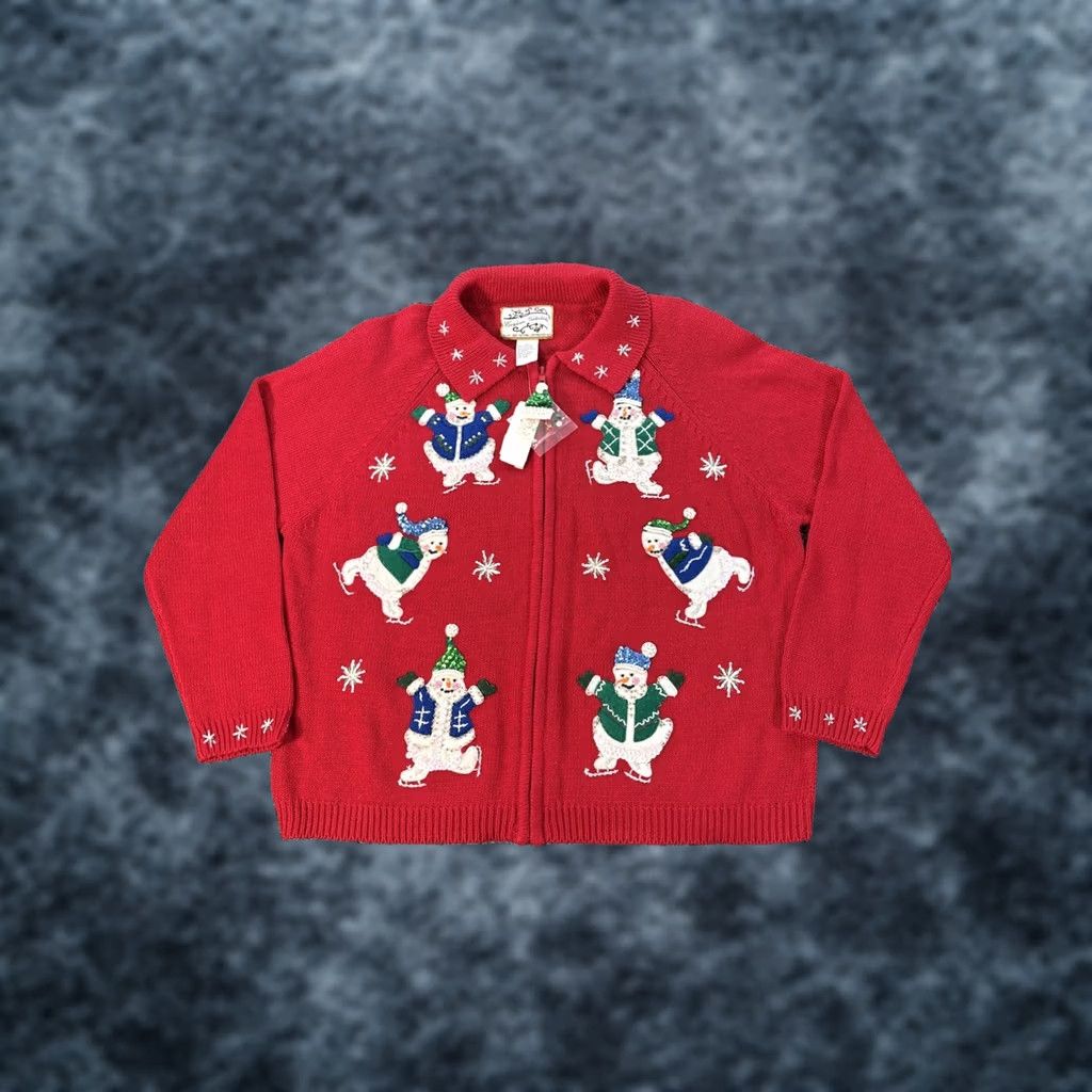Vintage VINTAGE Heirloom Collectables Cardigan Red Christmas Womens Large L Snowman Sweater Cotton Long Sleeve Collared Size L / US 10 / IT 46 - 1 Thumbnail