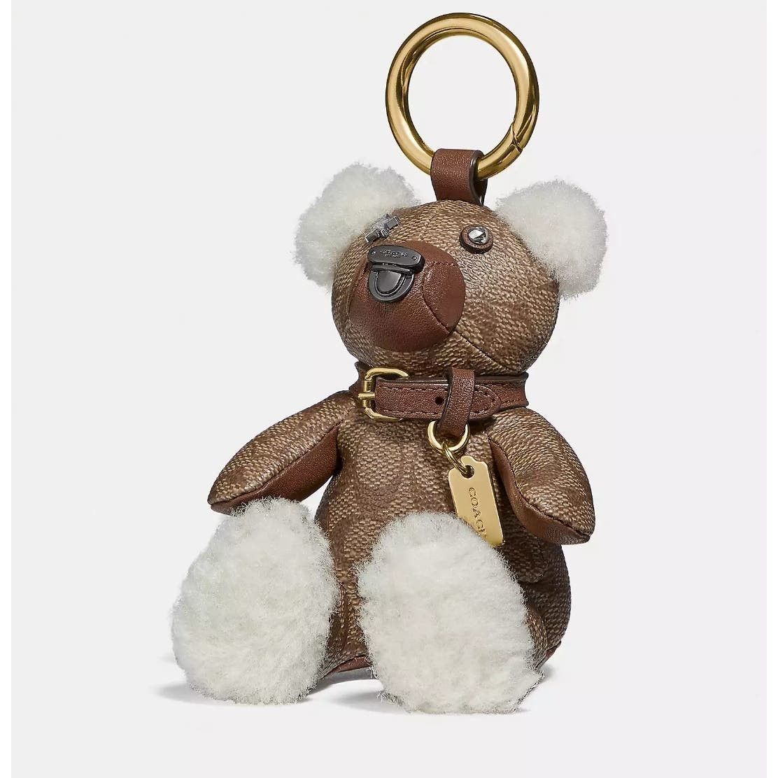 image of New Coach Bear Bag Charm In Signature Canvas in Brown, Women's