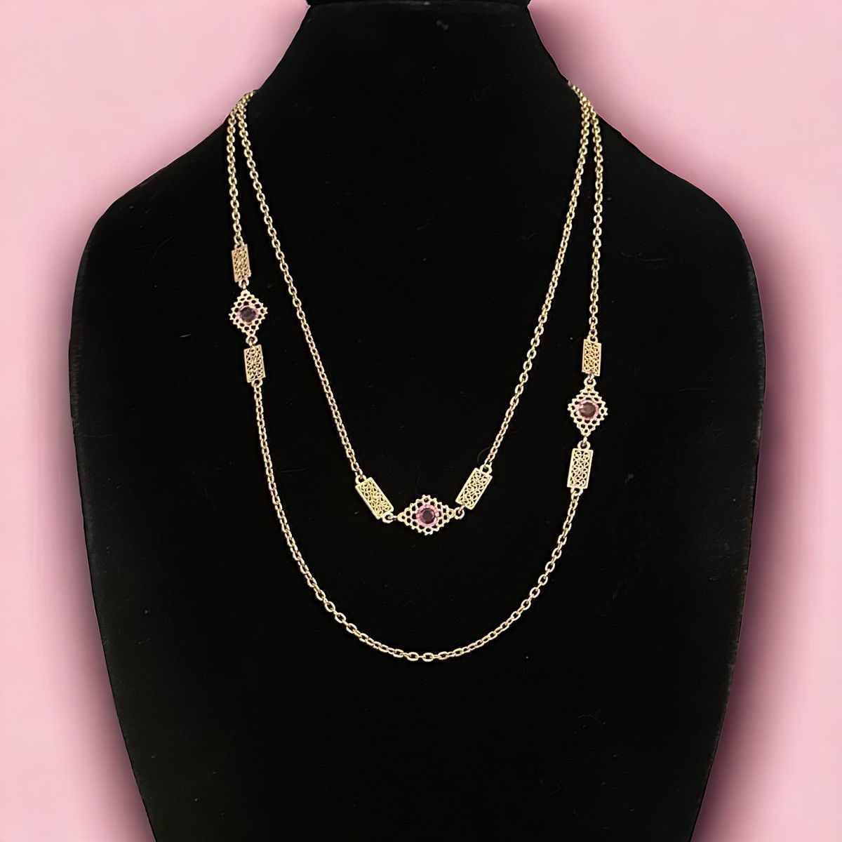 Vintage Vintage long filigree link and pink evil eye chain necklace Size ONE SIZE - 1 Thumbnail