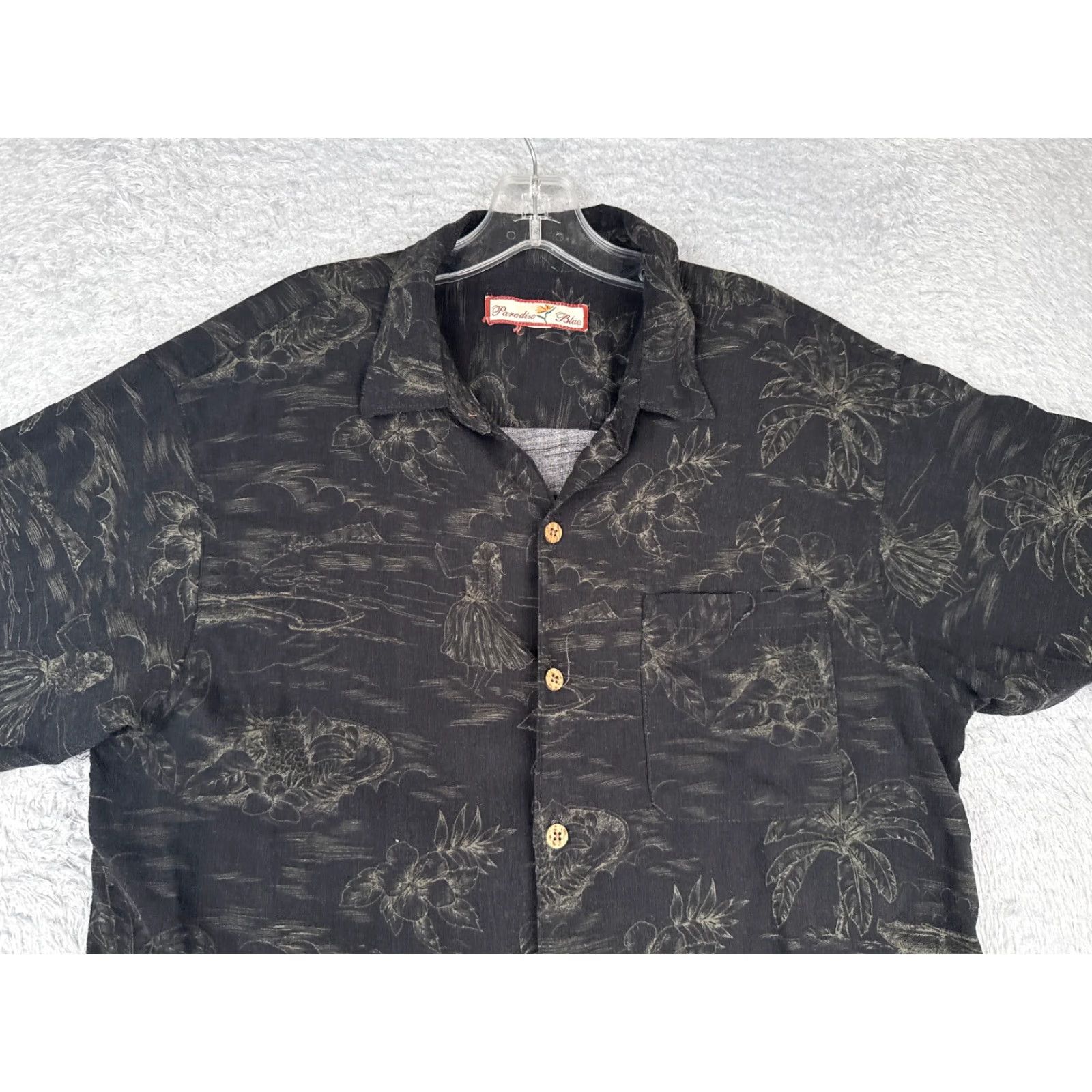 Paradise Paradise Blue Hawaiian Shirt Button-Up Floral Silk Blend Black Adult Medium Mens Size US M / EU 48-50 / 2 - 4 Thumbnail