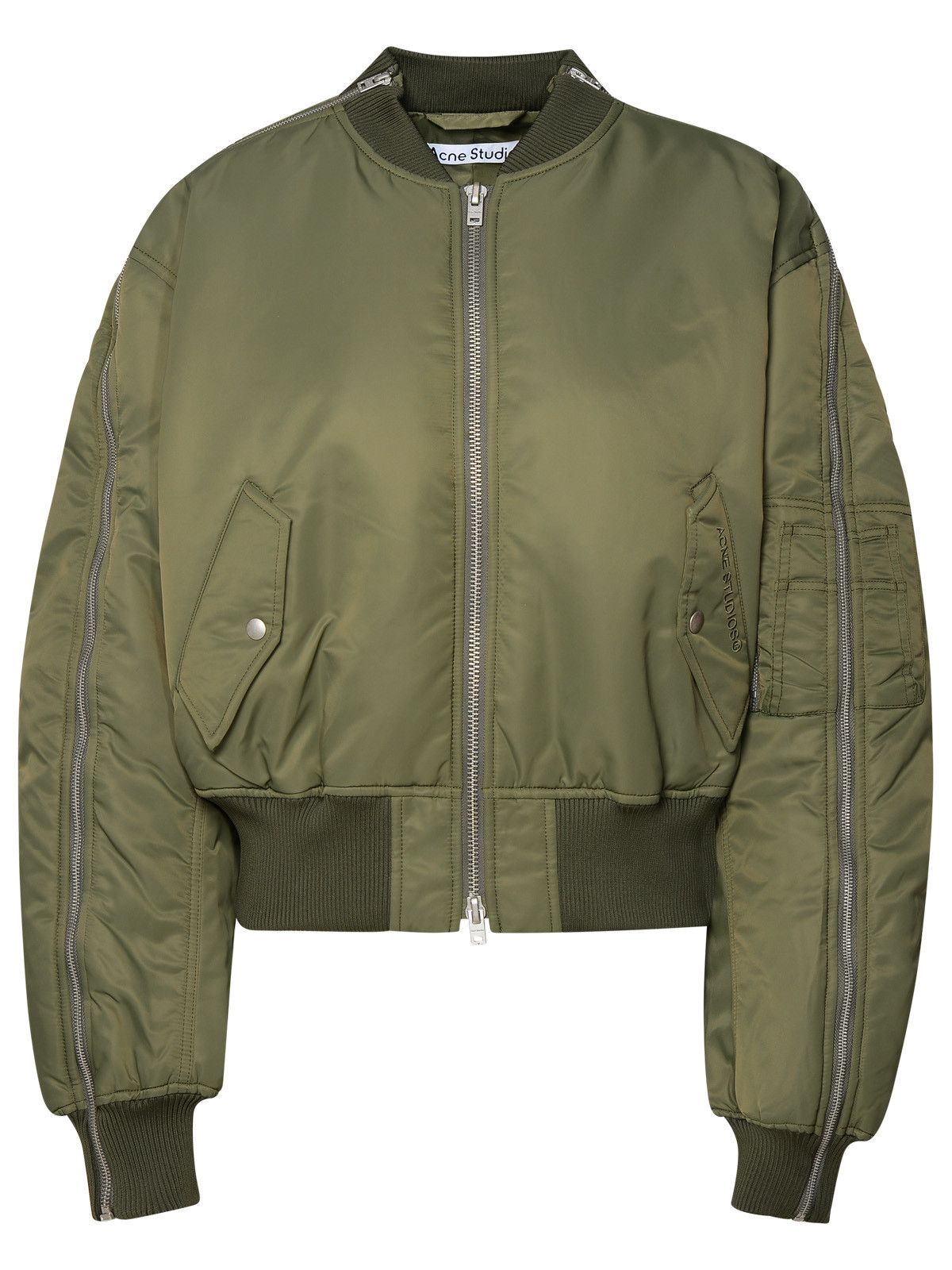image of Acne Studios Green Nylon Bomber Jacket, Women's (Size Small)