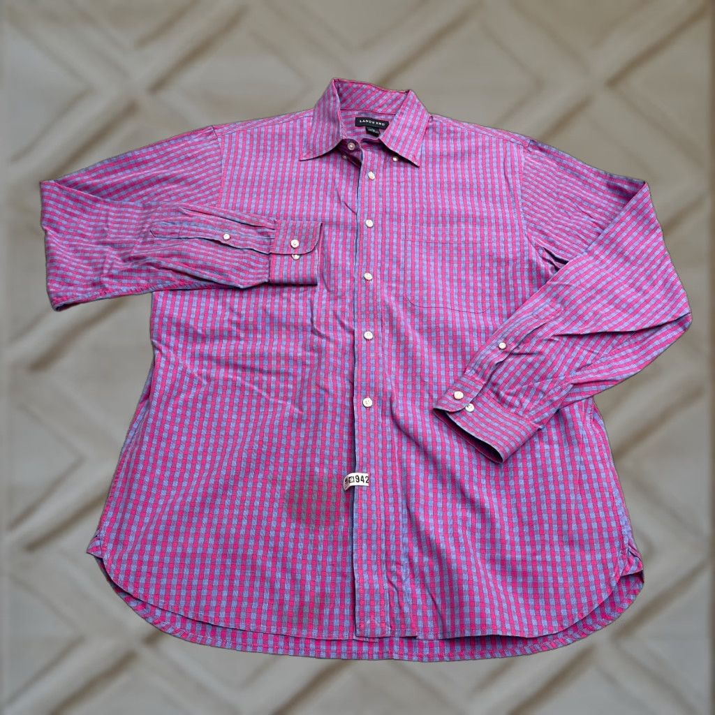 Lands' End Lands' End Dress Shirt Mens M 15-15.5 Pink Blue Plaid 100% Cotton Workwear Size 40R - 1 Thumbnail