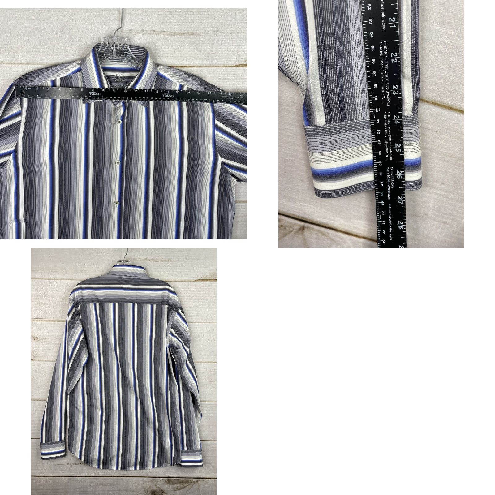 BUGATCHI VINTAGE Bugatchi Uomo Dress Shirt Mens L Gray Classic Fit Flip Cuff Striped Button Up Size 42R - 8 Thumbnail
