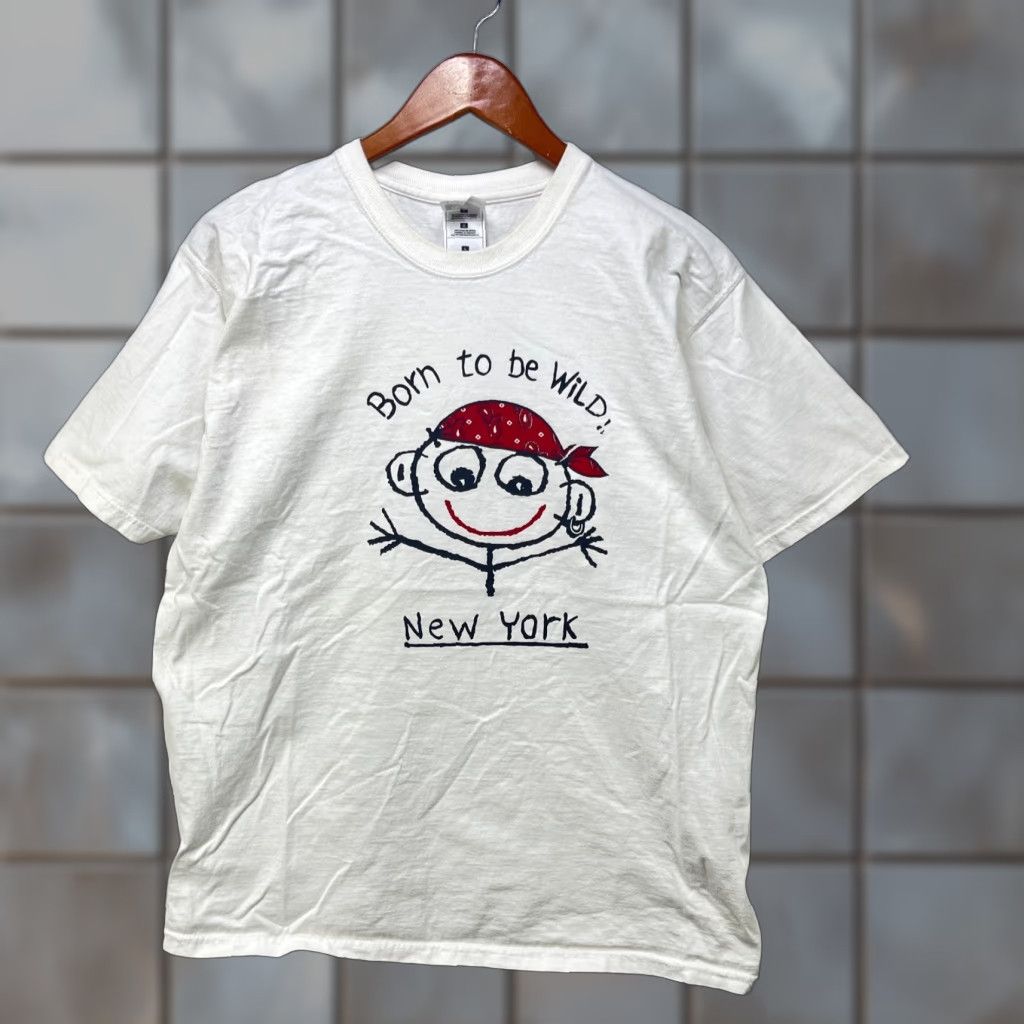 VINTAGE New York Born To Be Wild Souvenir T Shirt L White 90s 1990s Barbie Friends & Family Mens Shirt Vintage
