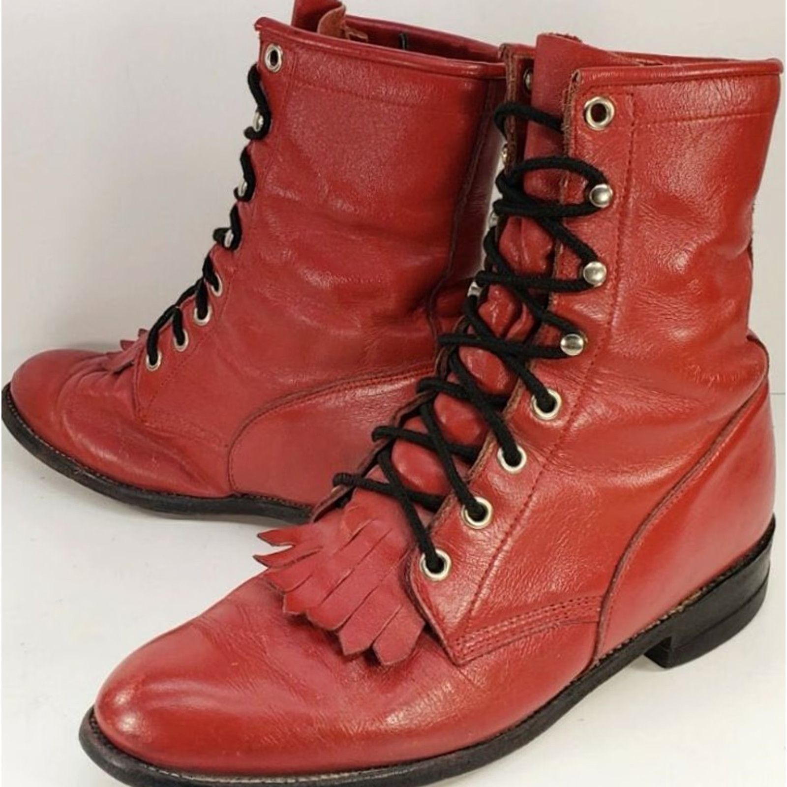 Justin Boots Justin Women's Laceup Boots Main Western 6.5B Red Leather Roper Kilted Front Granny Grunge Cowboy Boot Shoes Size US 7 / IT 37 - 2 Thumbnail