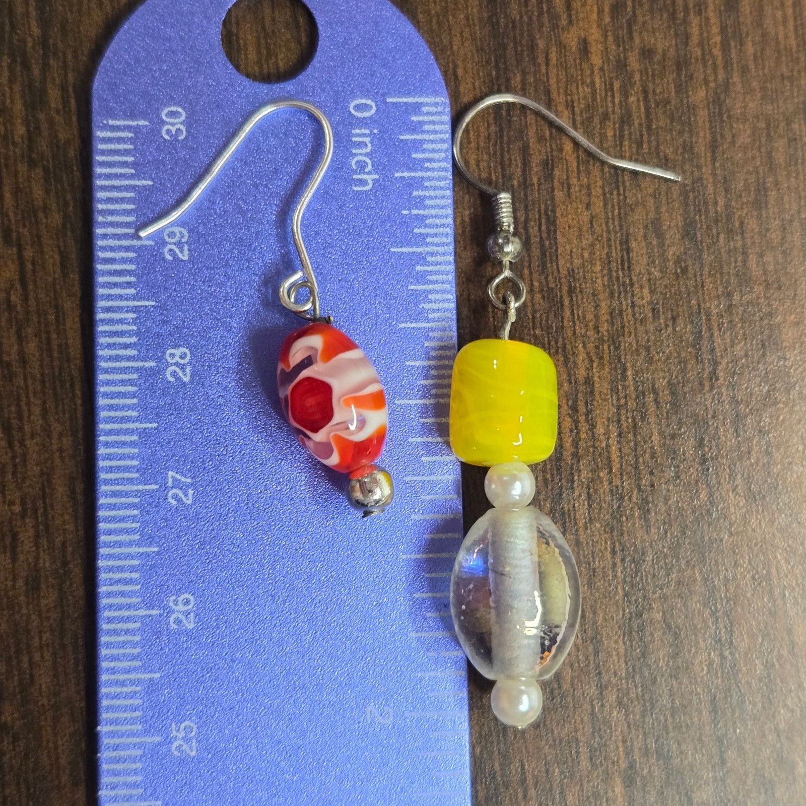 Vintage Artisan Handmade Earrings Yellow Iridescent Red Floral Boho Size ONE SIZE - 4 Thumbnail