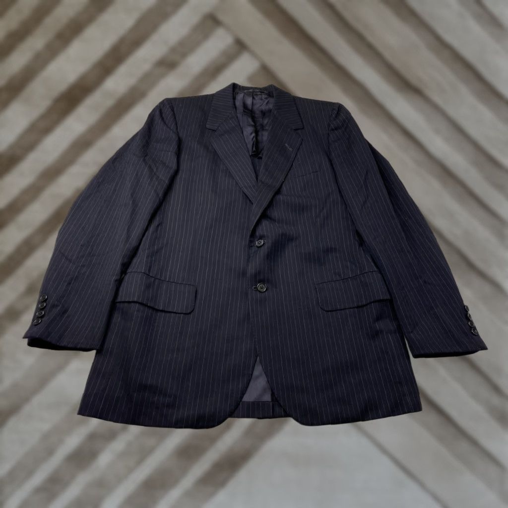 Vintage Oxxford Blazer Jacket Men 42 Athletic Dark Navy Blue Pinstripe Two-Button Single-Vented Regular Length Striped Sports Coat Coat Space Size 42R - 1 Thumbnail