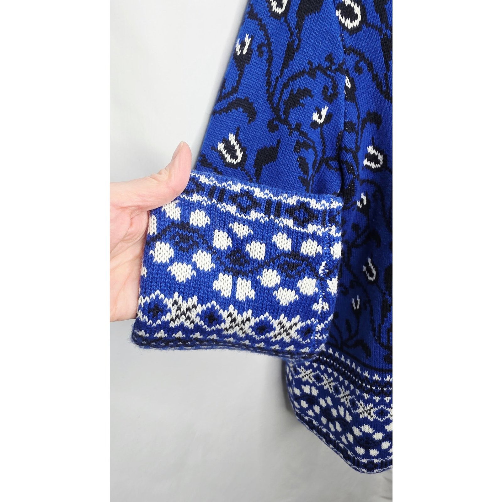 Other Zipper Front Blue & Black Floral Fair Isle Cardigan Sweater Size L / US 10 / IT 46 - 7 Thumbnail