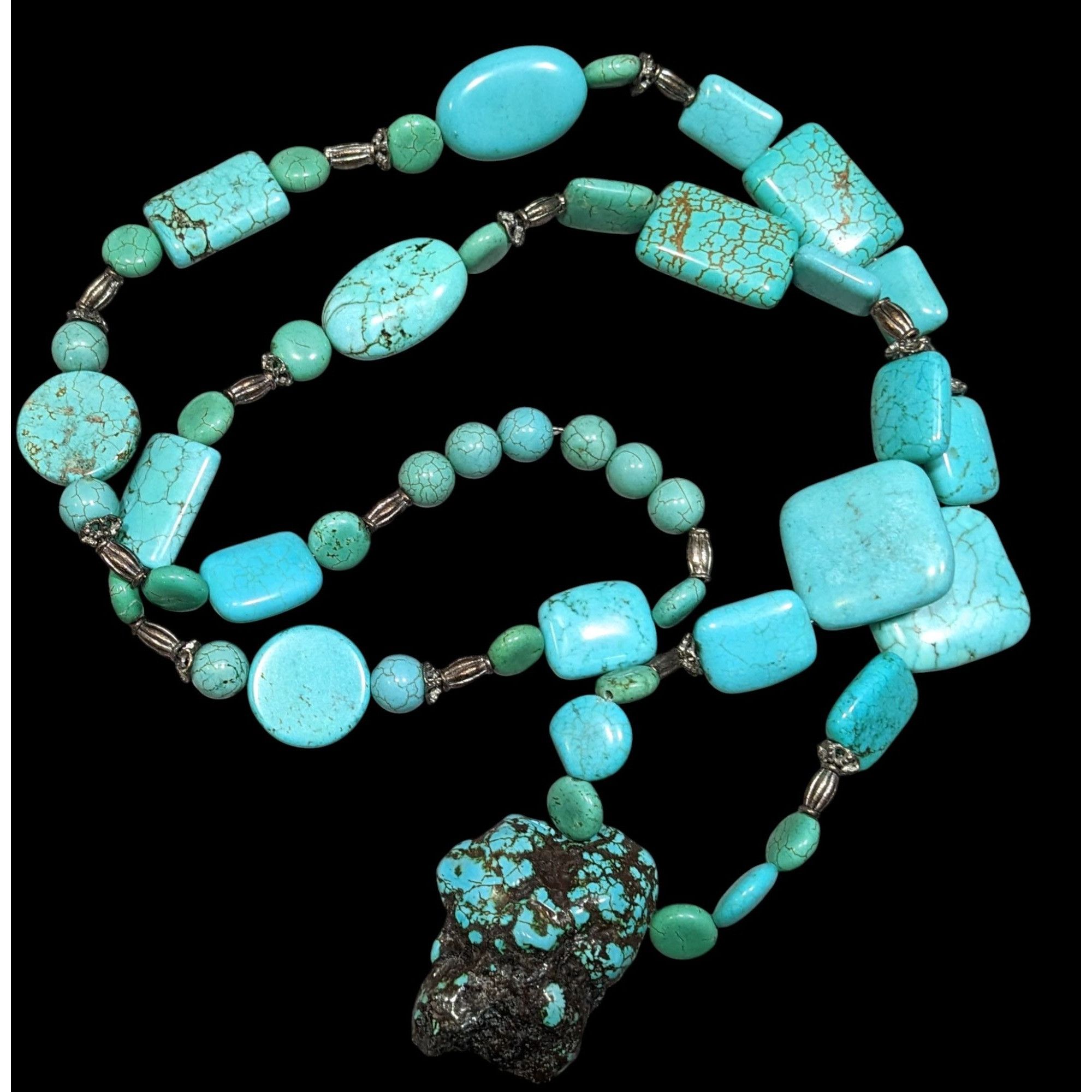 Vintage Handmade Chunky Turquoise Beaded Necklace With Silve
