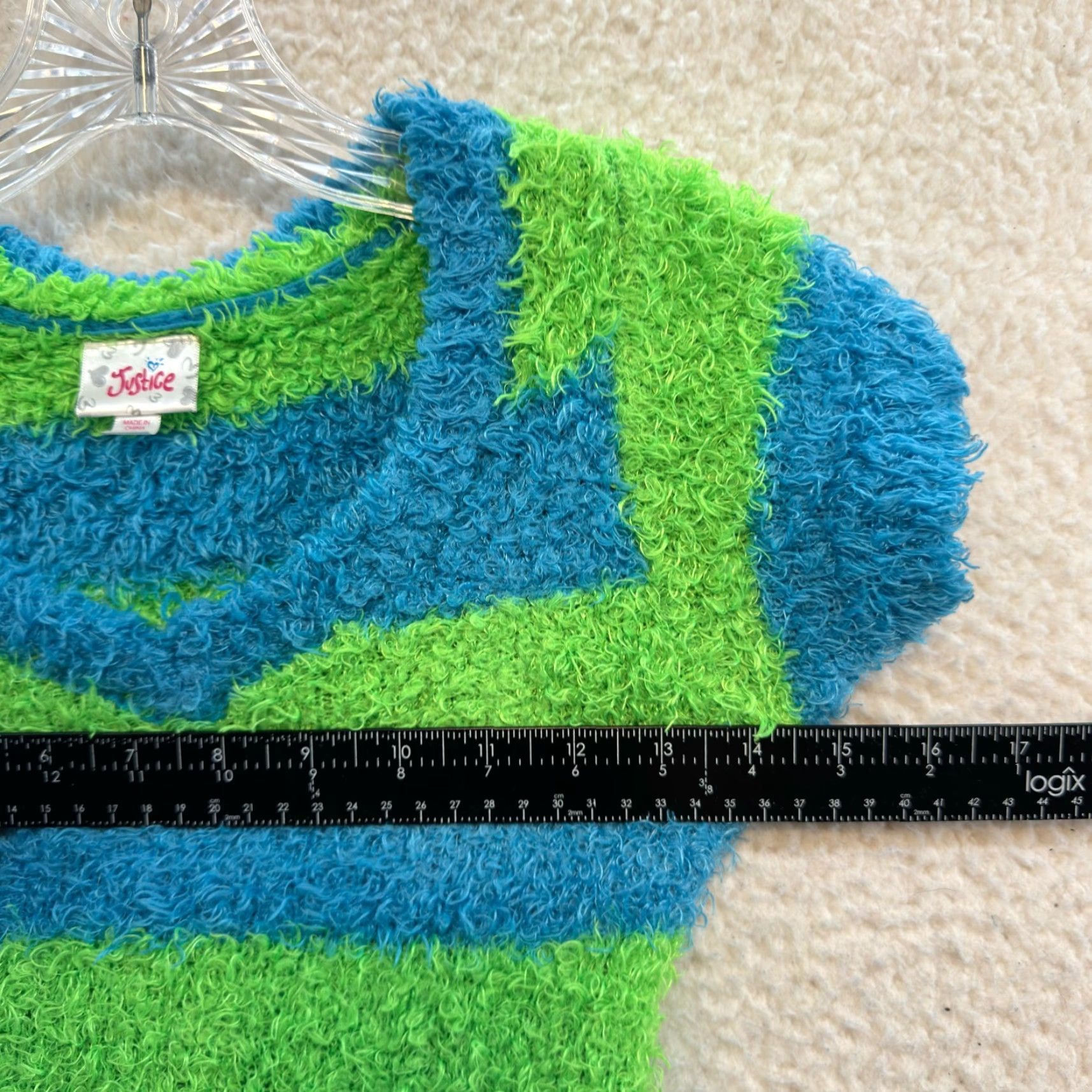 Vintage VINTAGE Justice Fuzzy Furry Top Shirt XS Blue Green Striped Rug Grunge Girls Womens 12 Cyber Y2K Size XS / US 0-2 / IT 36-38 - 4 Thumbnail