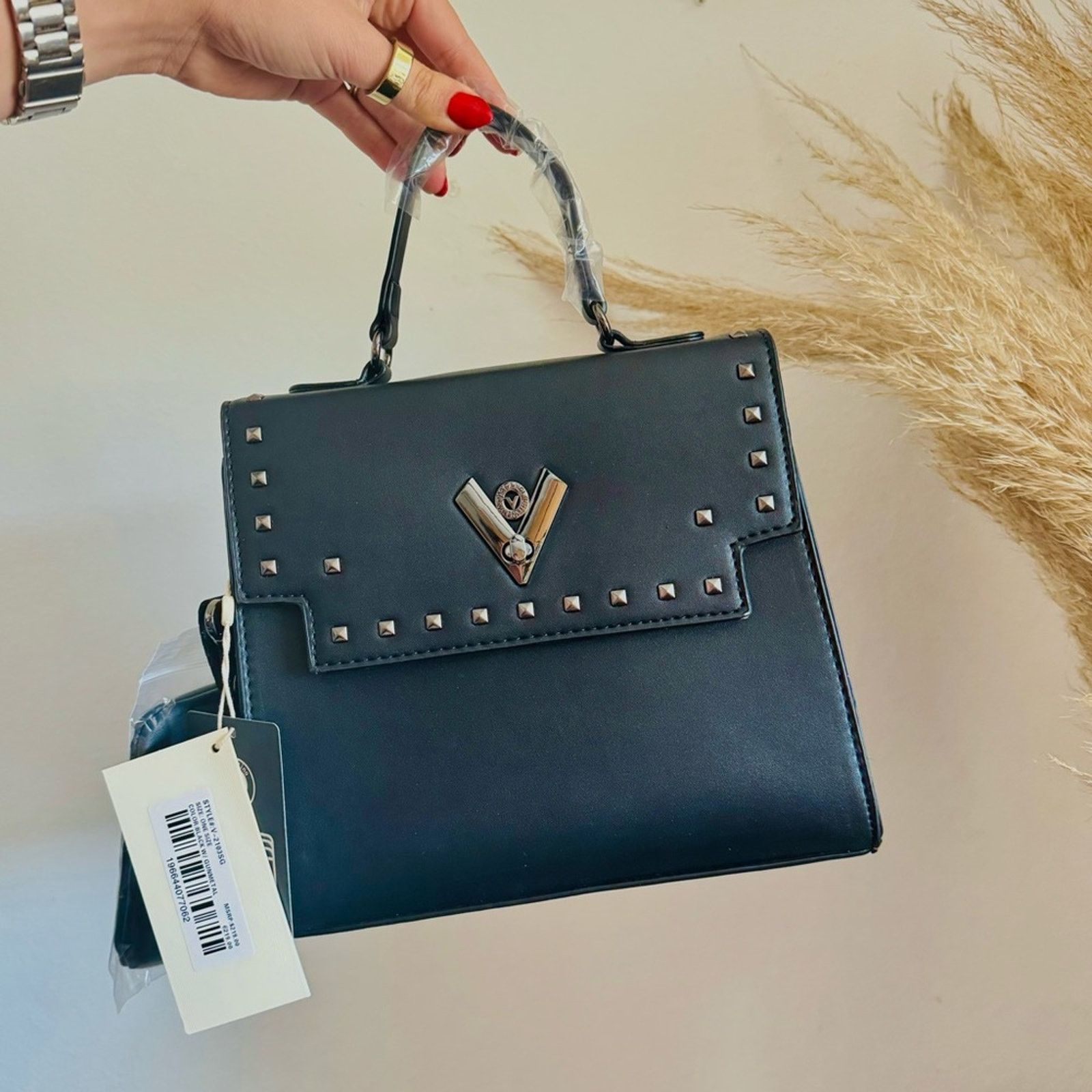Valentino Garavani New Orlandi Valentino Black Silver Stud Crossbody Bag Purse, Women's