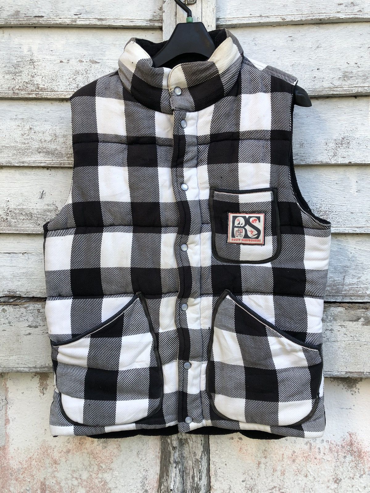 image of Rusty Surfboard Plaid Black Pearl Snap Padded Vest in Black Plaid, Men's (Size Medium)