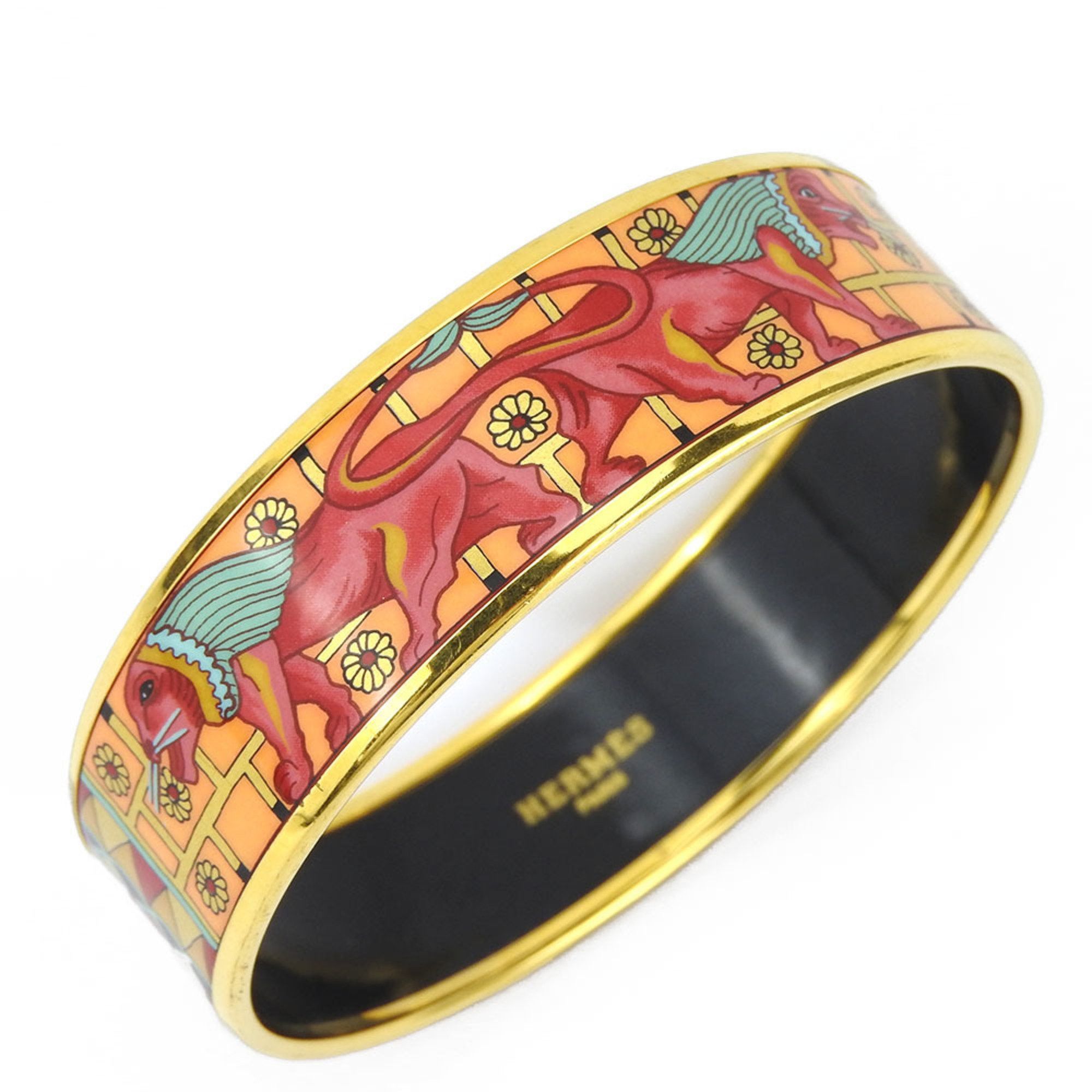 image of Hermes Bracelet Enamel Gm Metal Cloisonné Orange Pink Green Gp Lion Ladies Hermes, Women's