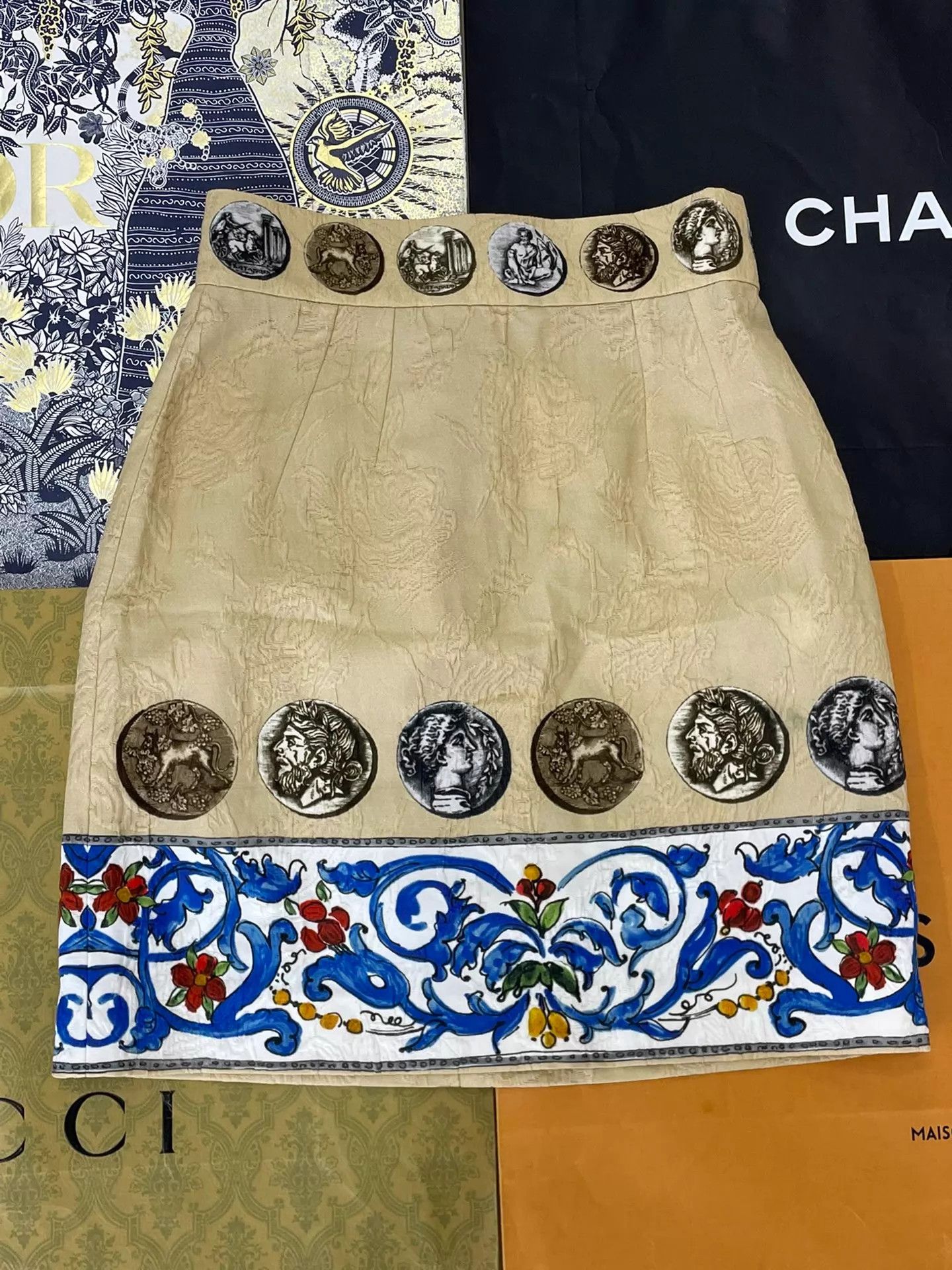 Dolce & Gabbana DG Gold Embossed Print Skirt Women's Size 40 Size 27" / US 4 / IT 40 - 1 Thumbnail
