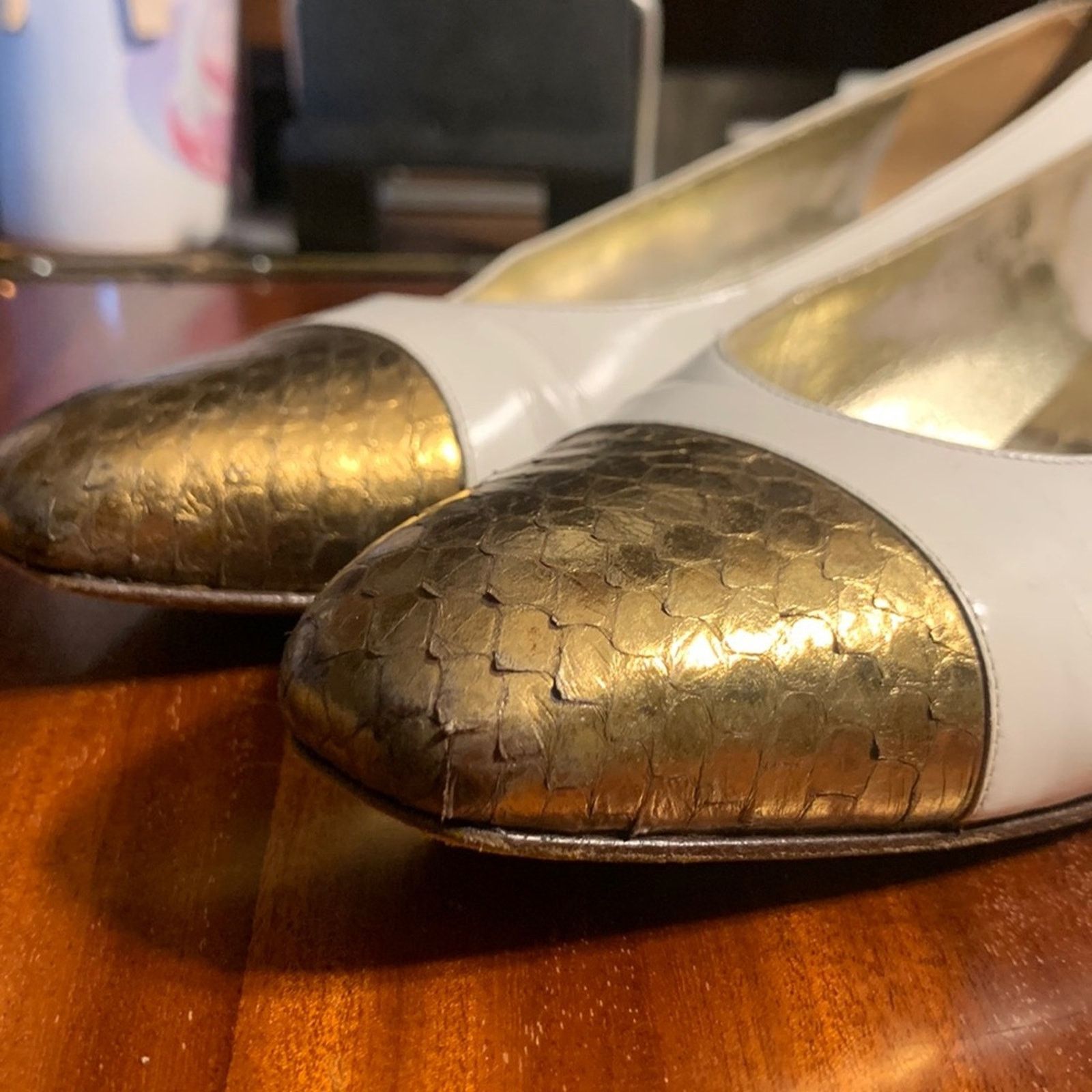 Salvatore Ferragamo 80’s Ferragamo Italy ballet flats white gold snakeskin cap Size US 8 / IT 38 - 1 Thumbnail