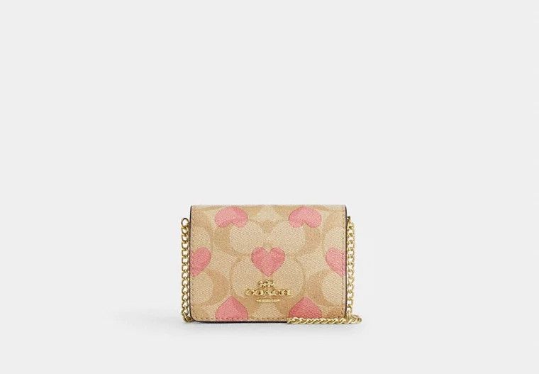 image of Coach Boxed Mini Wallet On A Chain With Heart Print Cp473 in Gold, Women's