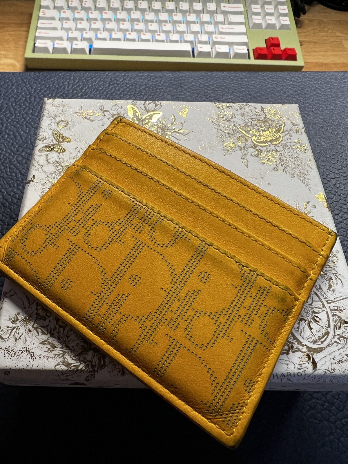 image of Dior World Tour 6 Card Holder Leather in Yellow, Men's