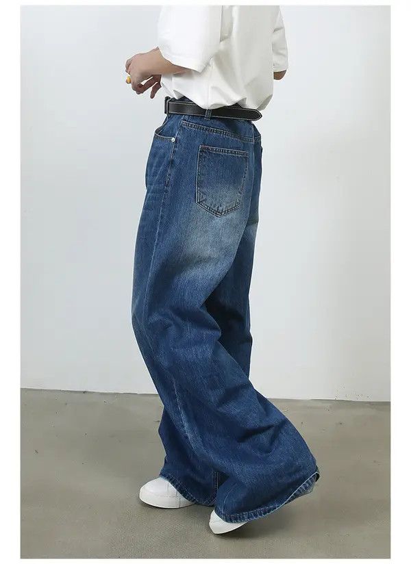 Japanese Brand Men's dark blue vintage washed loose straight jeans Size US 32 / EU 48 - 3 Thumbnail