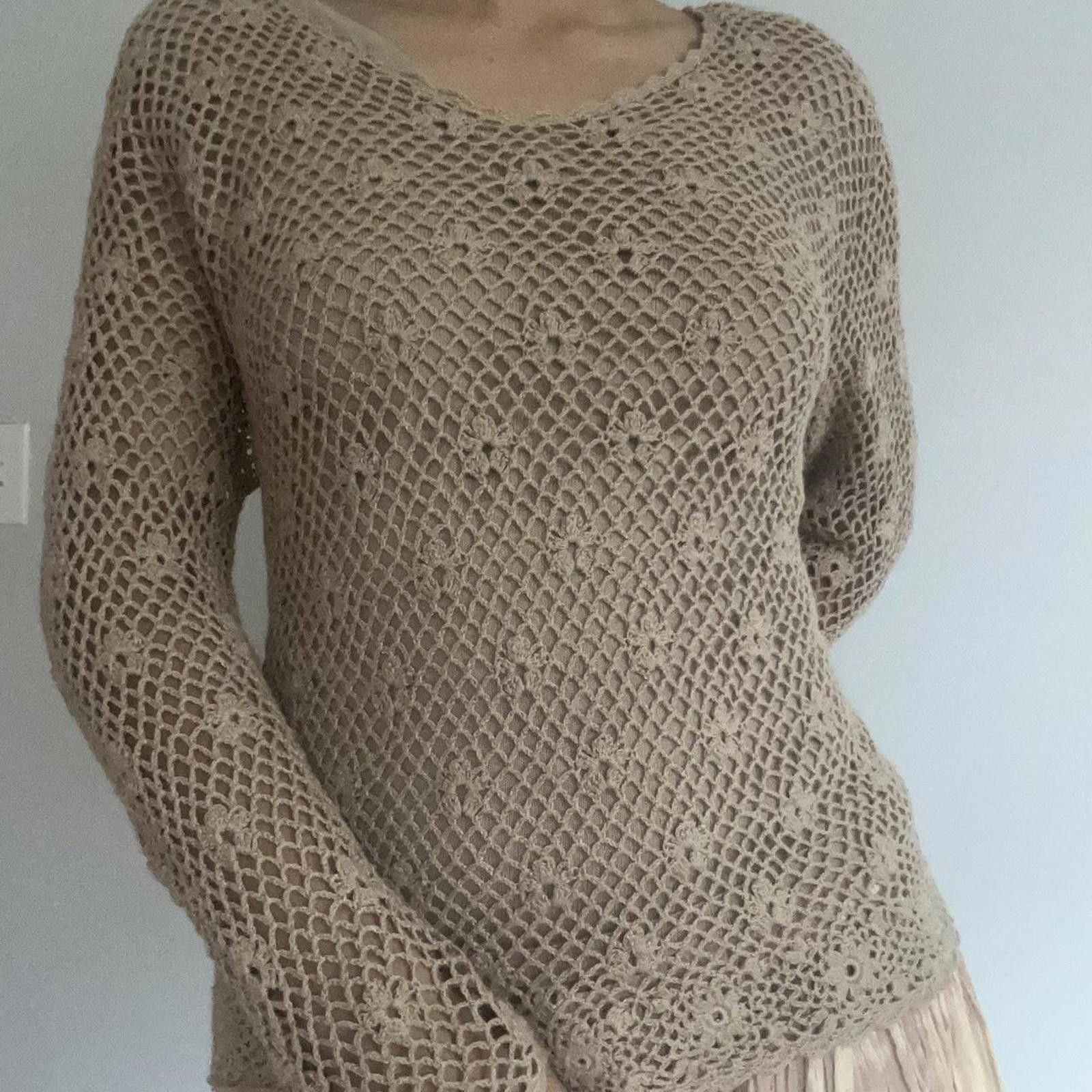 Croft & Barrow Tan crochet sweater with floral pattern long sleeves Size XXS / US 00 / IT 34 - 3 Thumbnail