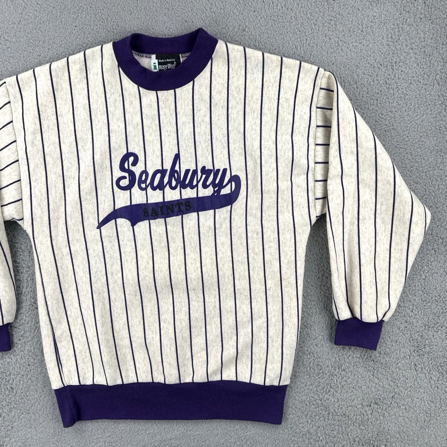 Vintage VINTAGE Image Wear 90s XL Seabury Saints Gray Ringer Sweatshirt Purple Pinstripe Mens Sweatshirt Size US XL / EU 56 / 4 - 2 Thumbnail