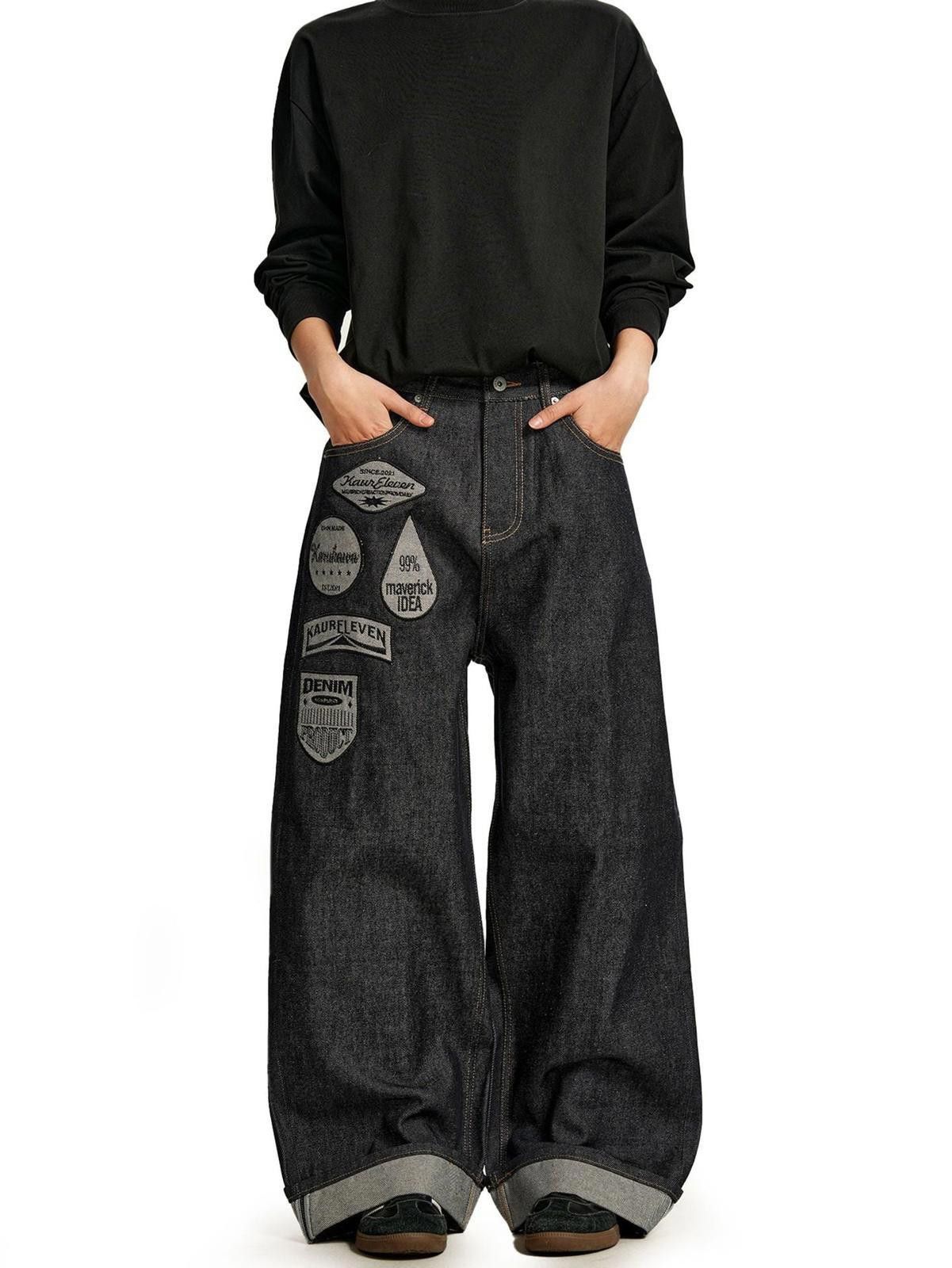 Jean Letter-Embroidered Raw Indigo Wide-Leg Selvedge Jeans Size US 32 / EU 48 - 1 Thumbnail
