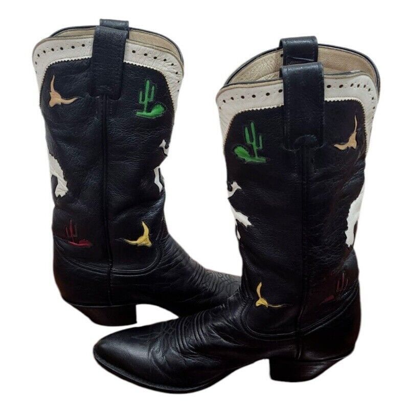 Larry Mahan Larry Mahan Rodeo Black White Red Cowgirl Cowboy Boots Size US 7 / IT 37 - 9 Thumbnail