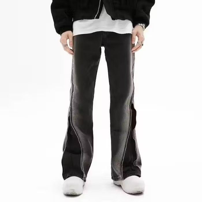 image of Split Zipper Baggy Flare Men Jeans in Black (Size 30)