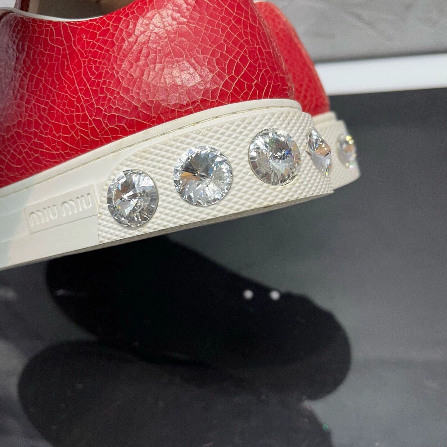 Miu Miu MIUMIU Red Cracked Leather Crystal Sneakers EUR 36 Size US 5 / IT 35 - 6 Thumbnail