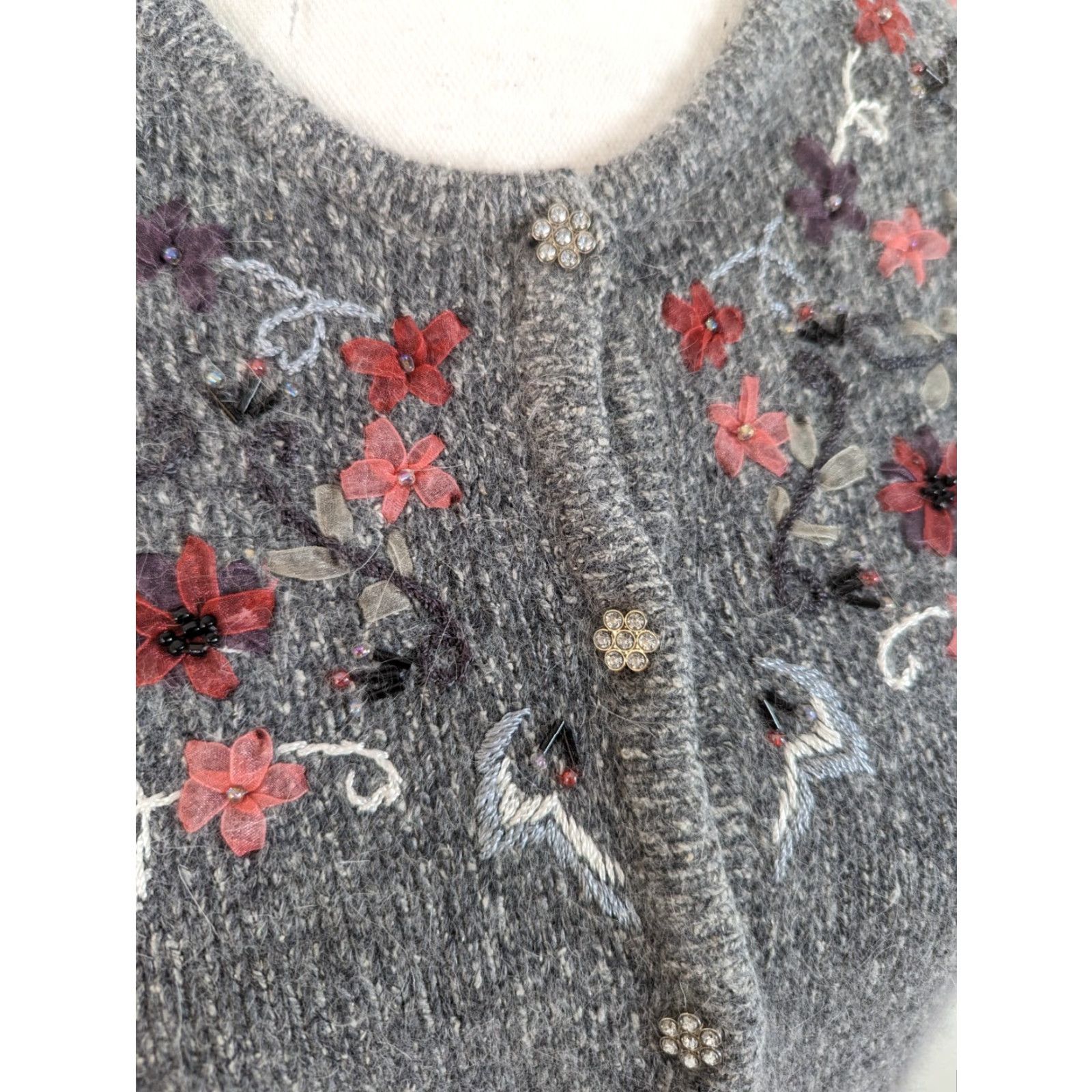 Vintage Nike Shirt Women's Small Gray Silk Angora Rabbit Hair Cardigan Floral Beaded Sweater Size S / US 4 / IT 40 - 6 Thumbnail