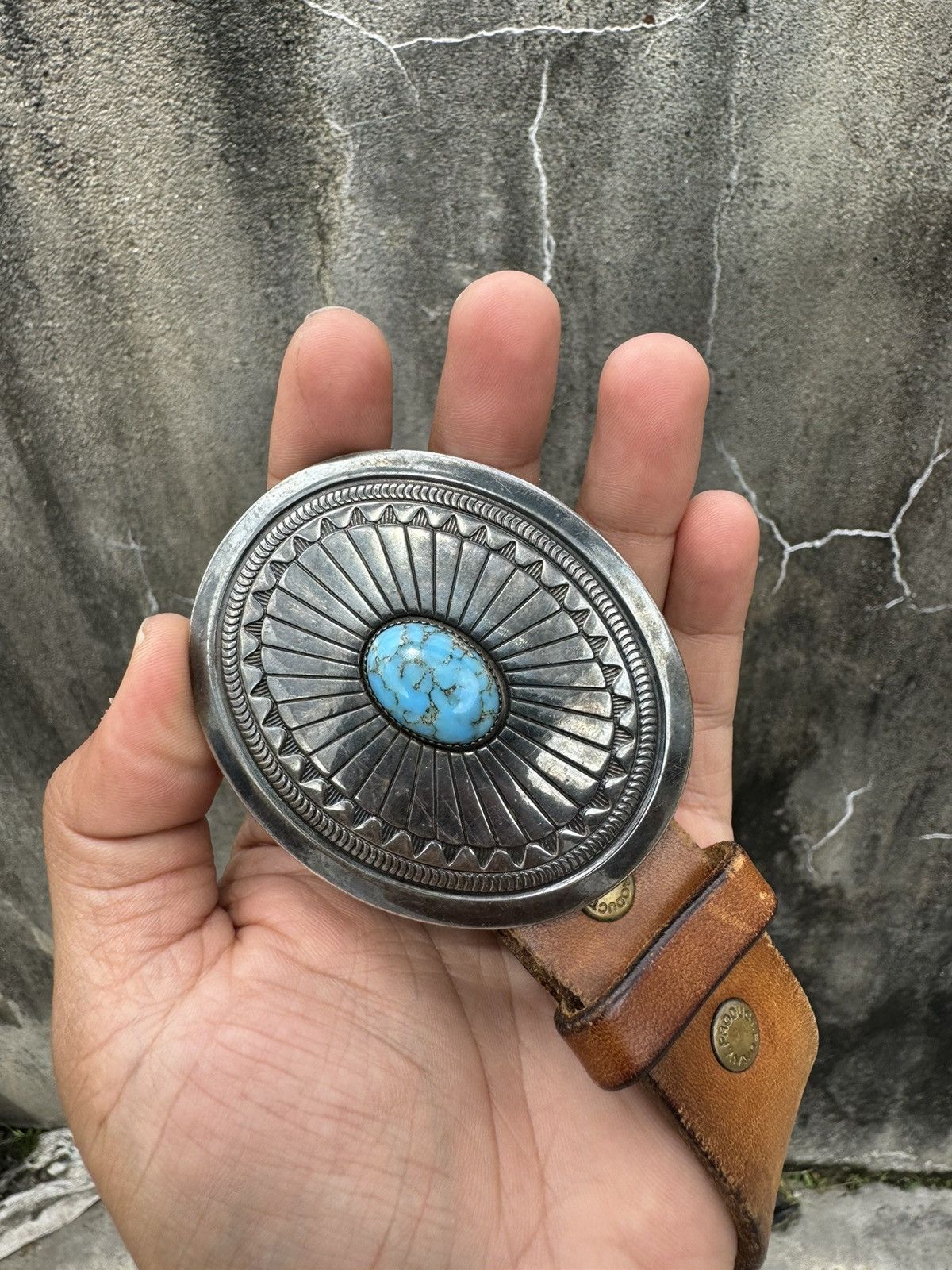 Genuine Leather × Leather × Other GRAIL 🔥Turquoise Leather Buckle Belt Size 34 - 2 Thumbnail