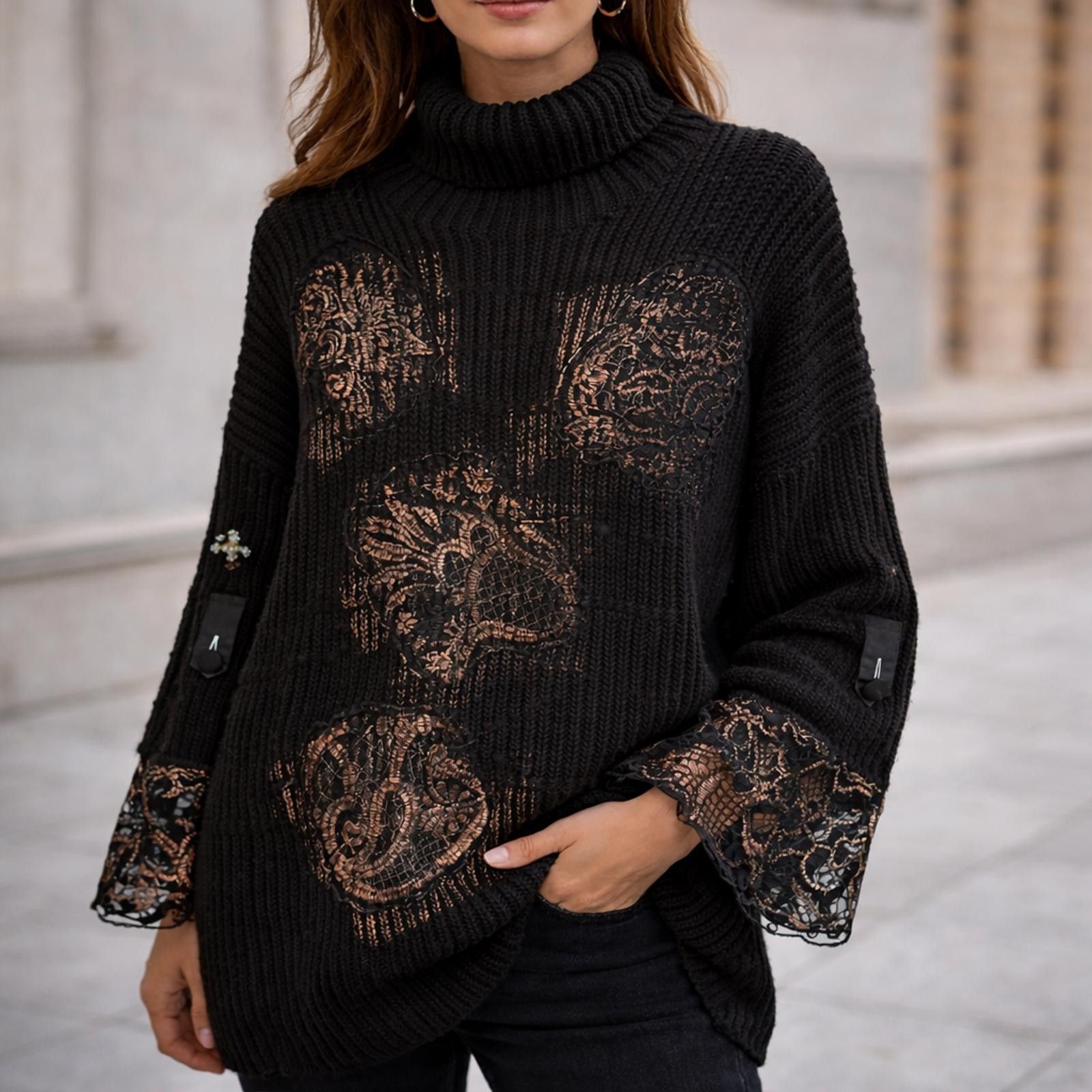 Other Elisa Cavaletti RARE - Black Lace Cuff Wool Blend Sweater Size M / US 6-8 / IT 42-44 - 1 Thumbnail