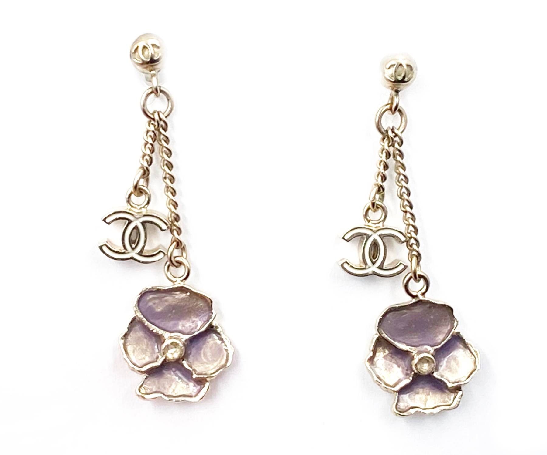 Chanel Chanel Gold CC Lavender Flower Dangle Piercing Earrings Size ONE SIZE - 1 Thumbnail