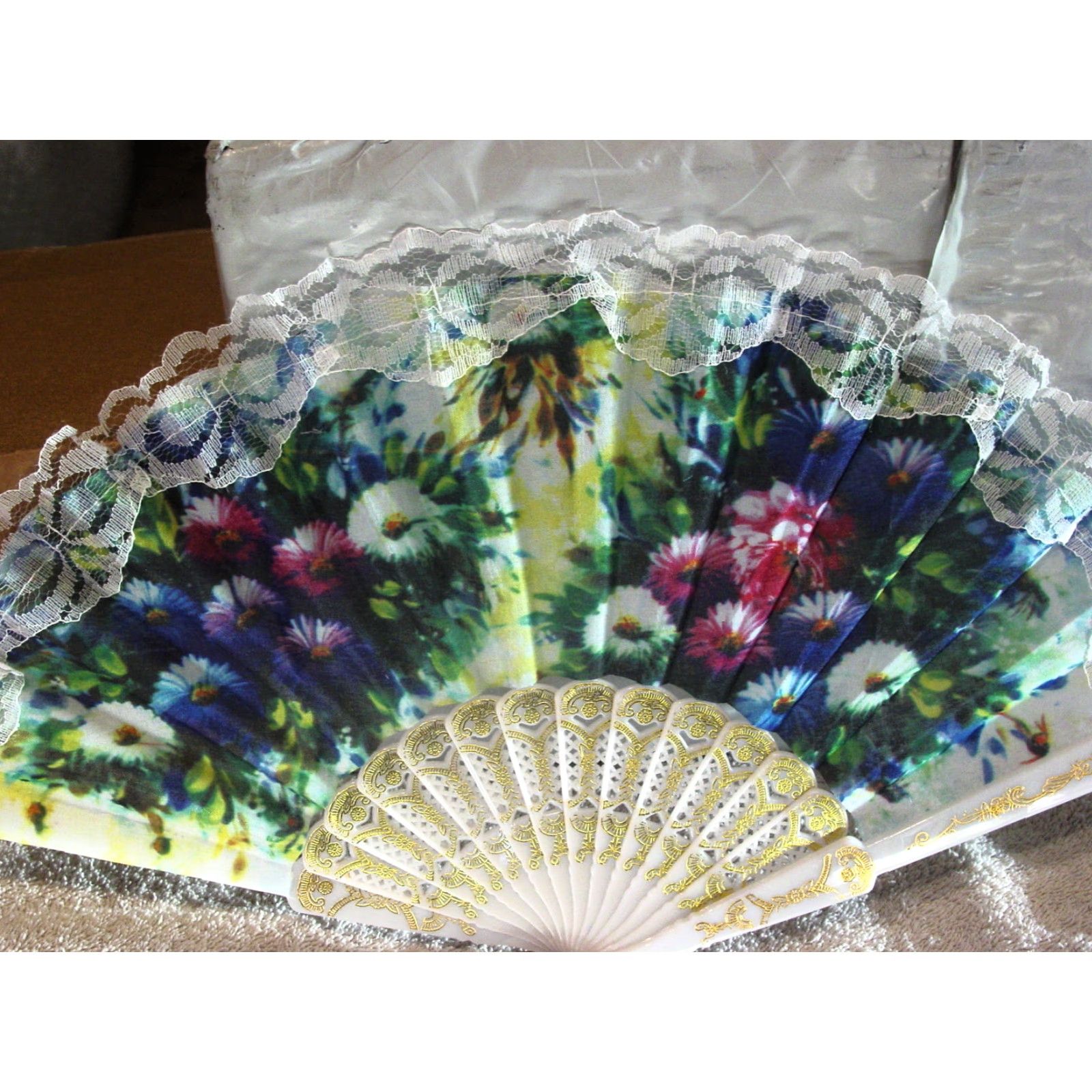 Vintage Vintage Small Hand Fan with Flowers, 16-inch Decorative Handheld Fan, RM1I Size ONE SIZE - 2 Thumbnail