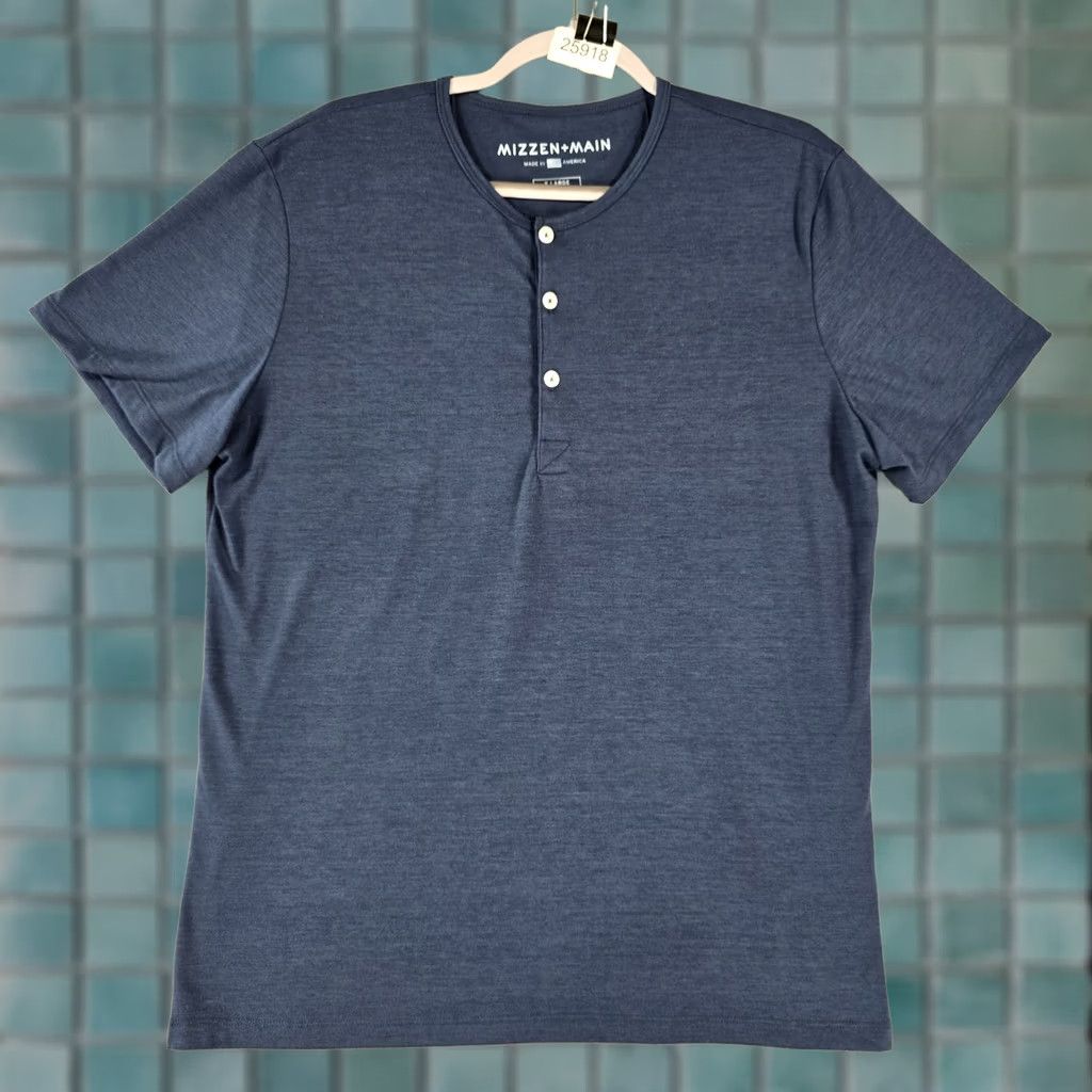 Mizzen+Main Shirt Mens 1XL Blue Short Sleeve Pull Over Tee W 1/4 Button, Men's