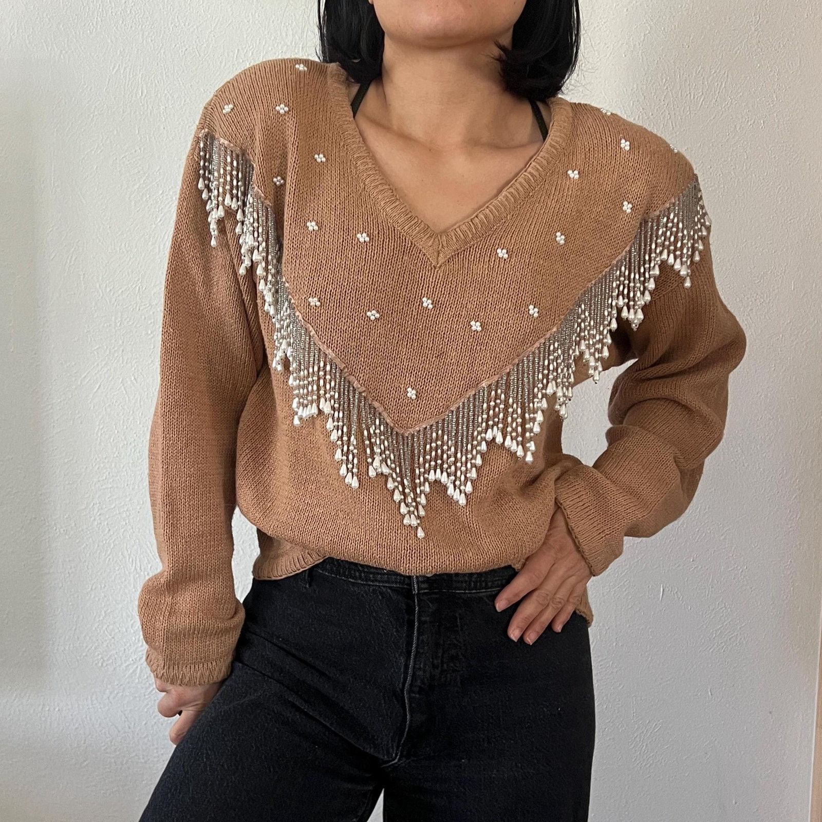 Vintage Vtg 80s beaded caramel knit pullover sweater cotton Medium Size M / US 6-8 / IT 42-44 - 2 Thumbnail