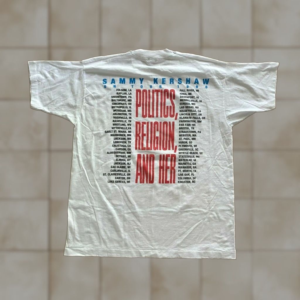 Fruit Of The Loom VINTAGE Sammy Kershaw Politics Religion & Her T Shirt Mens XL Black Crew Neck Short Sleeve 100% Cotton Fruit of the Loom Size US XL / EU 56 / 4 - 1 Thumbnail