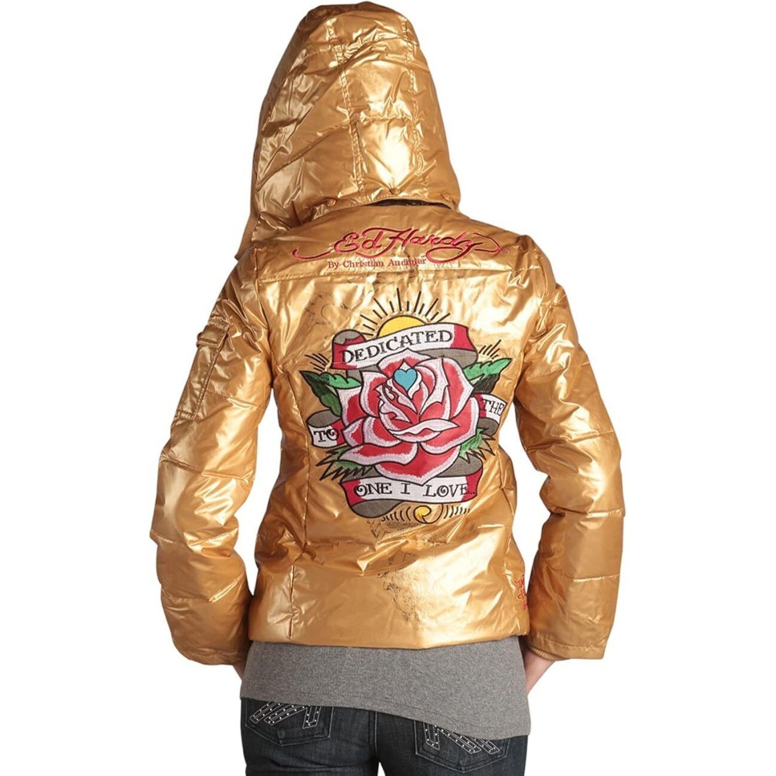 Ed Hardy Ed Hardy by Christian Audigier Women's Gold Puffer Jacket Size M / US 6-8 / IT 42-44 - 2 Thumbnail